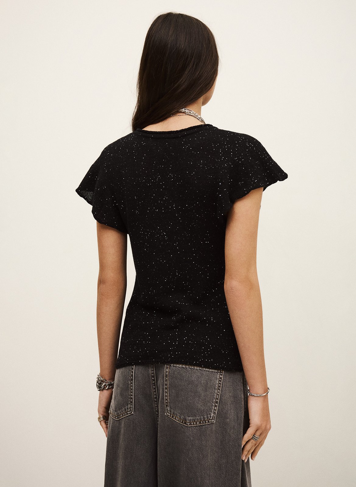 Top droit col rond en maille bichara BA&SH Noir