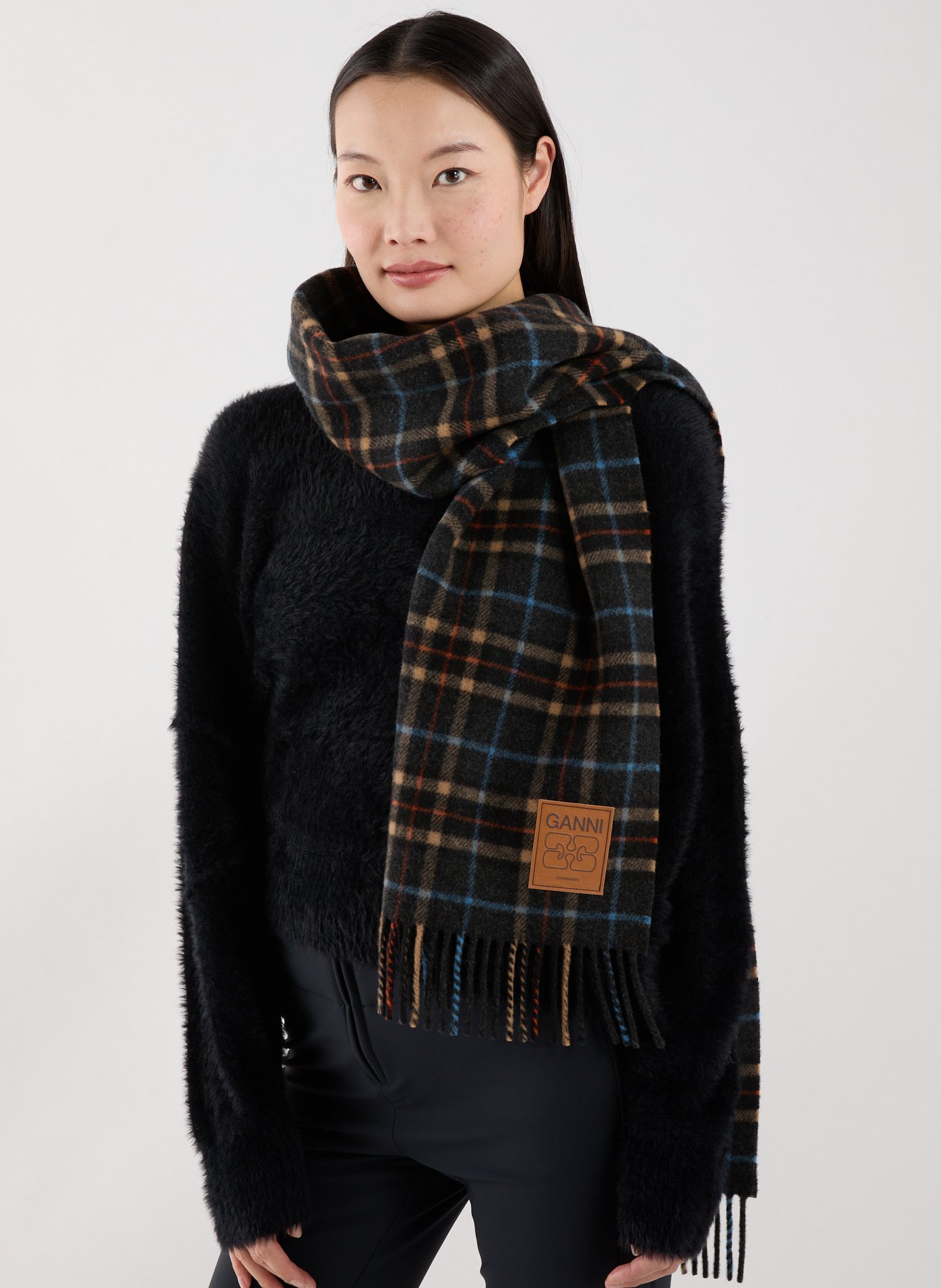 Wool check scarf GANNI Grey