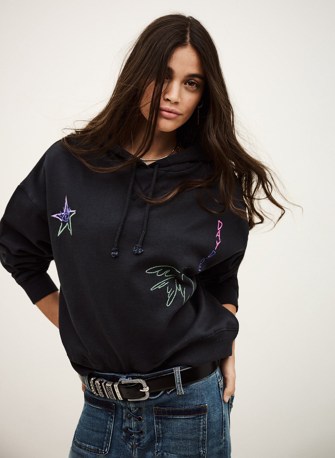 Sweat à capuche brodé en coton bio oasis BA&SH Noir