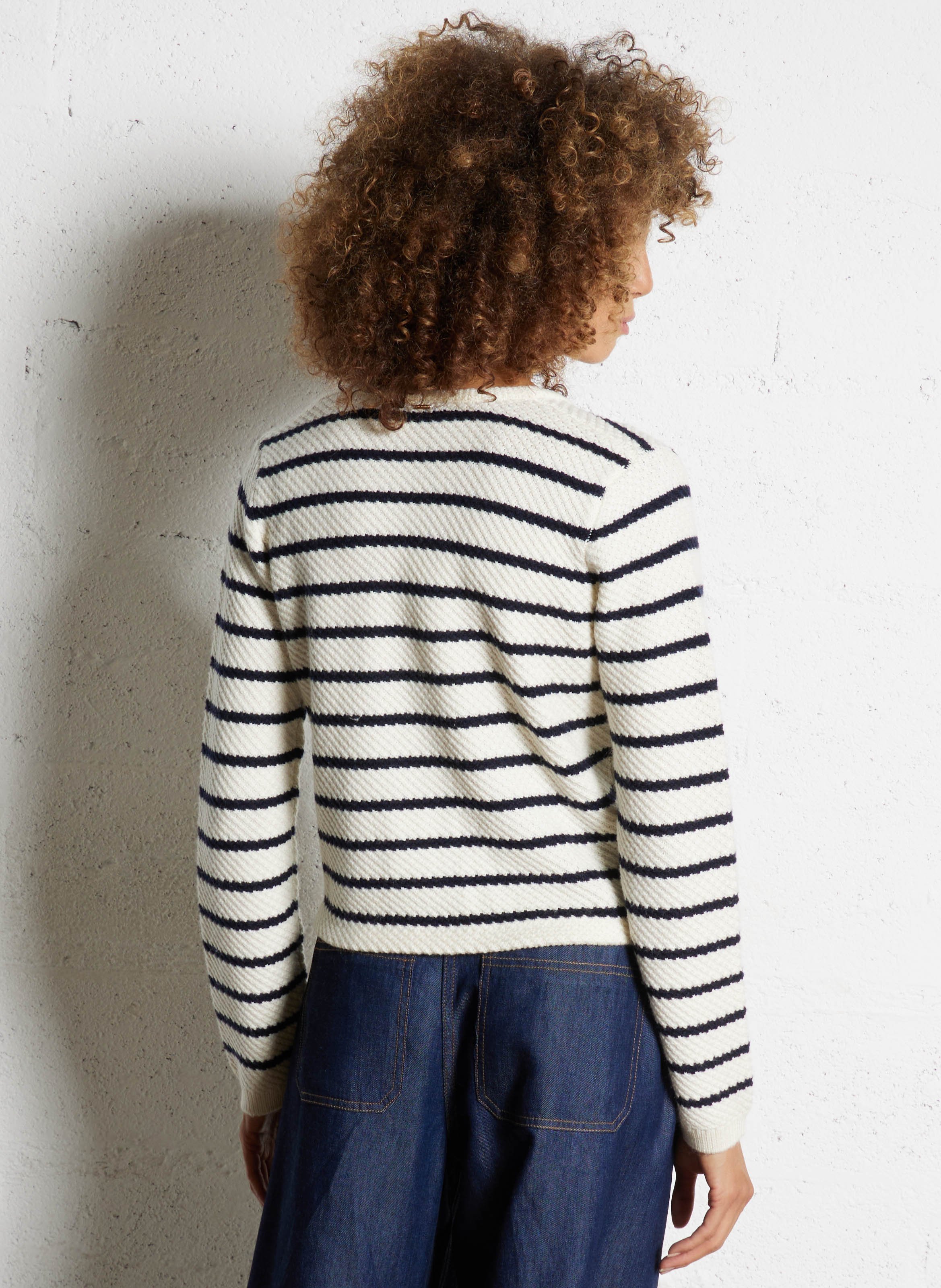 Cardigan droit col v à rayures IKKS Bleu