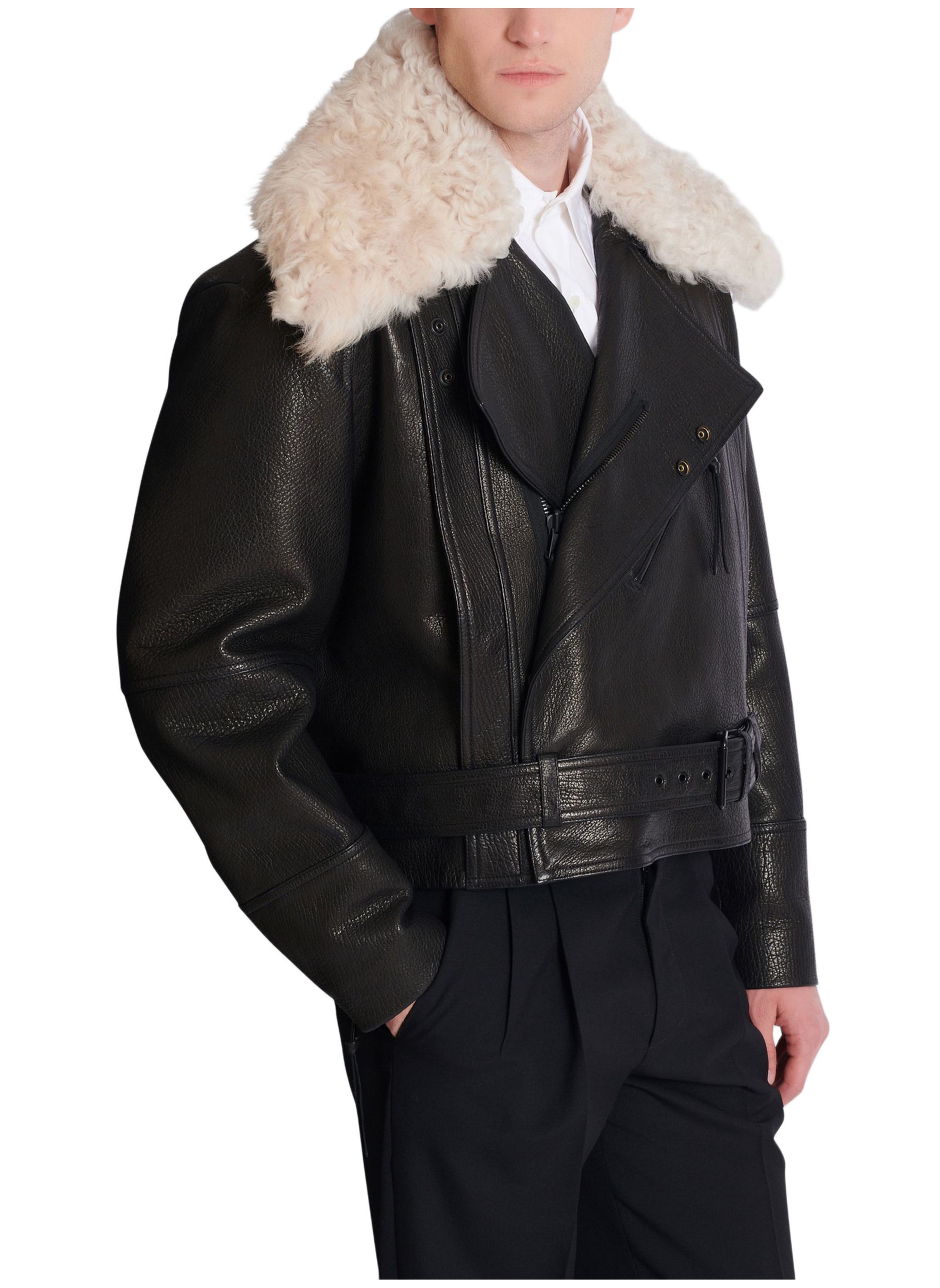 Blouson en cuir avec col en mouton BALMAIN Noir
