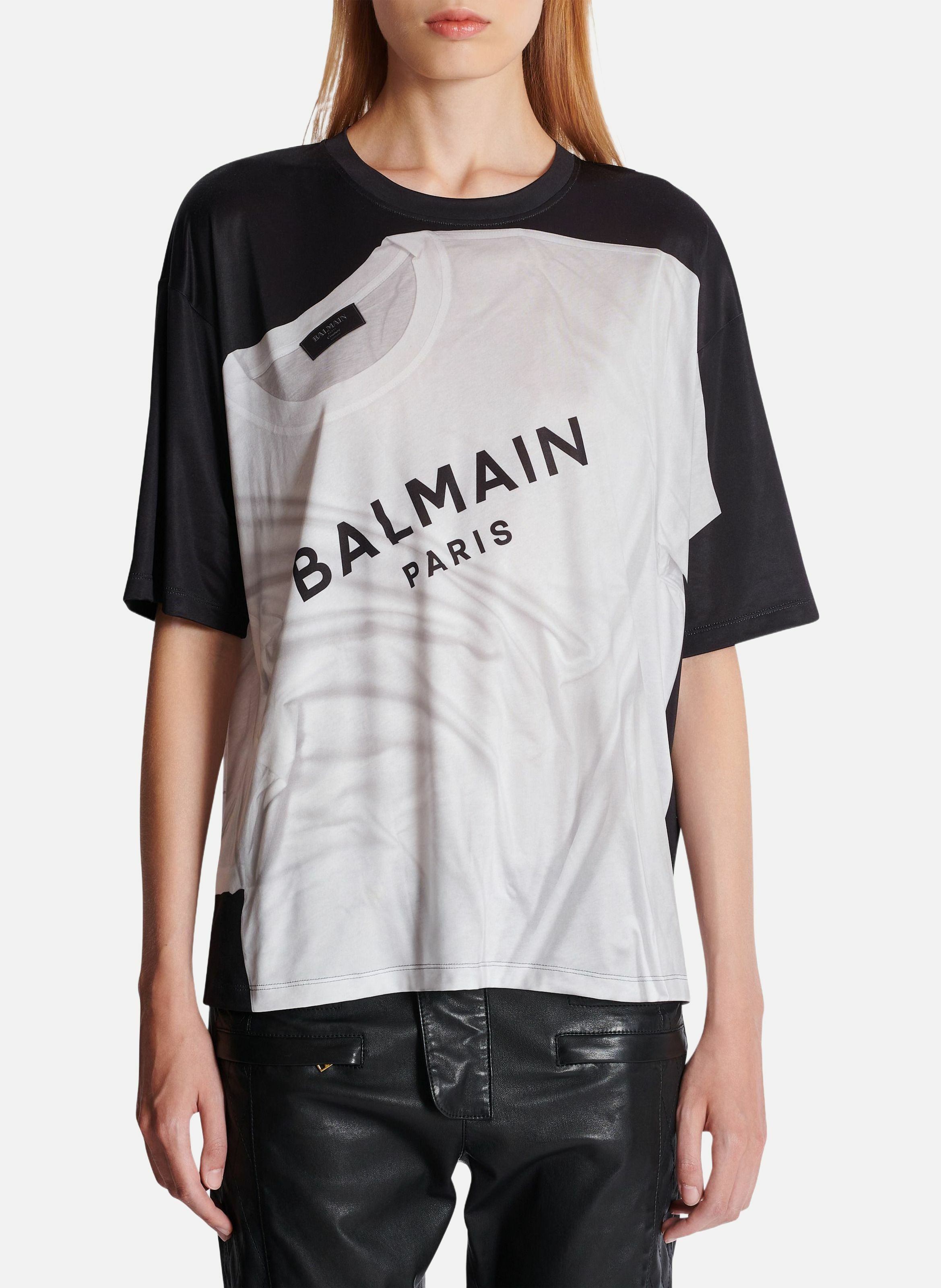 T-shirt fluide imprimé trompe-l'œil BALMAIN Noir