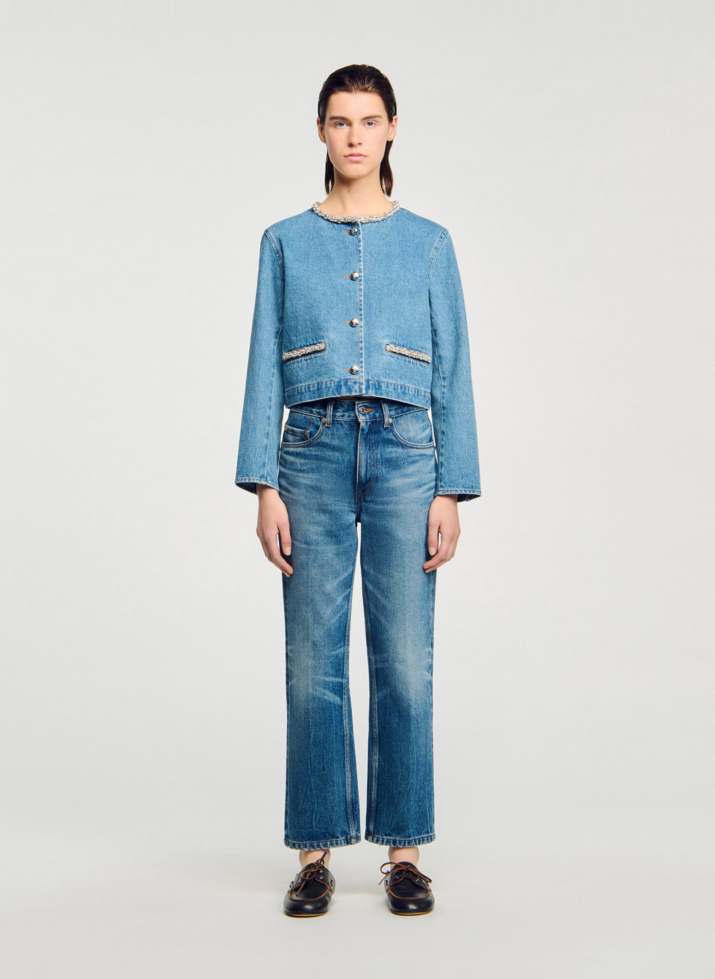 Blouson col rond en denim de coton SANDRO Bleu
