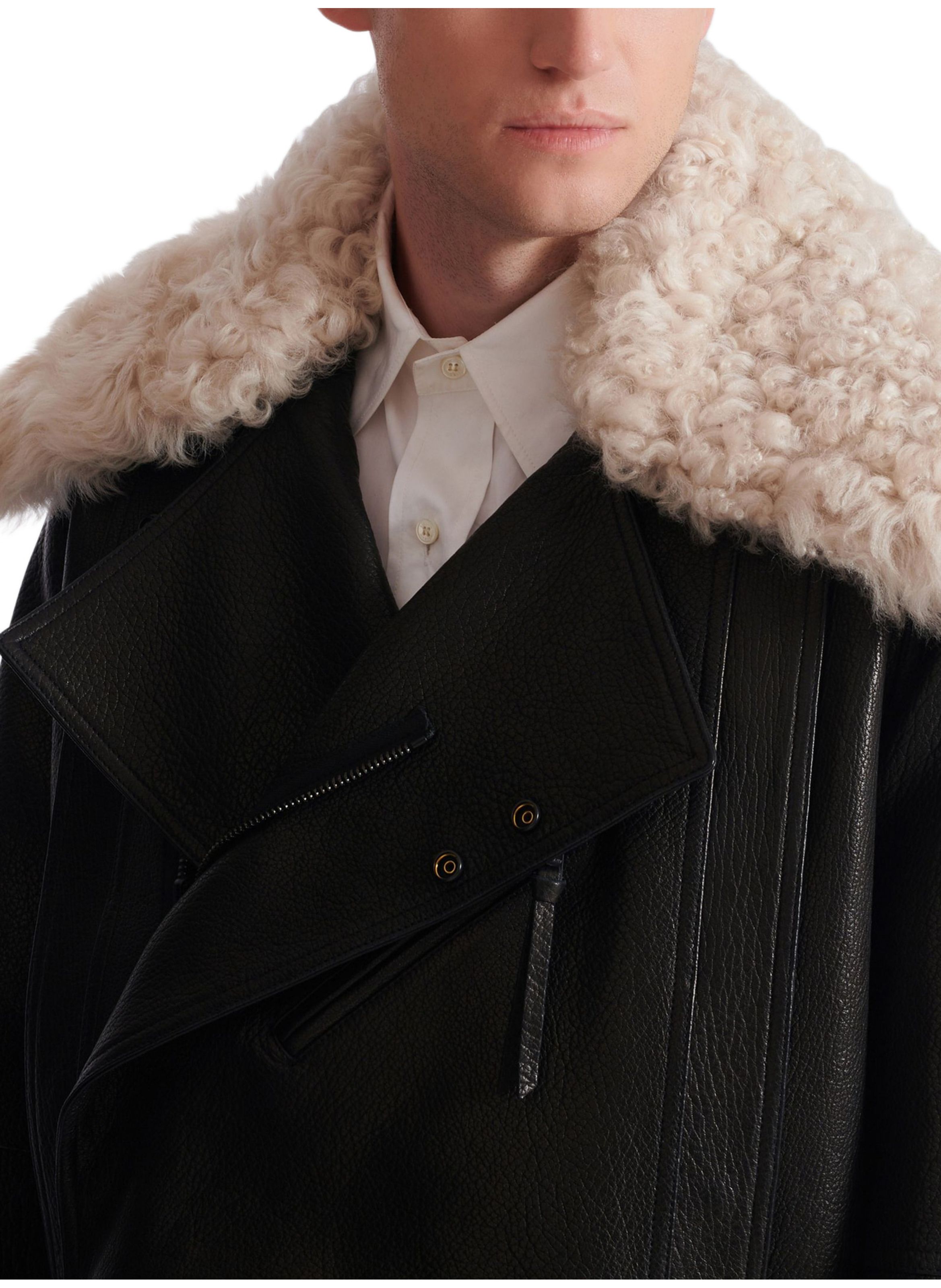 Blouson en cuir avec col en mouton BALMAIN Noir