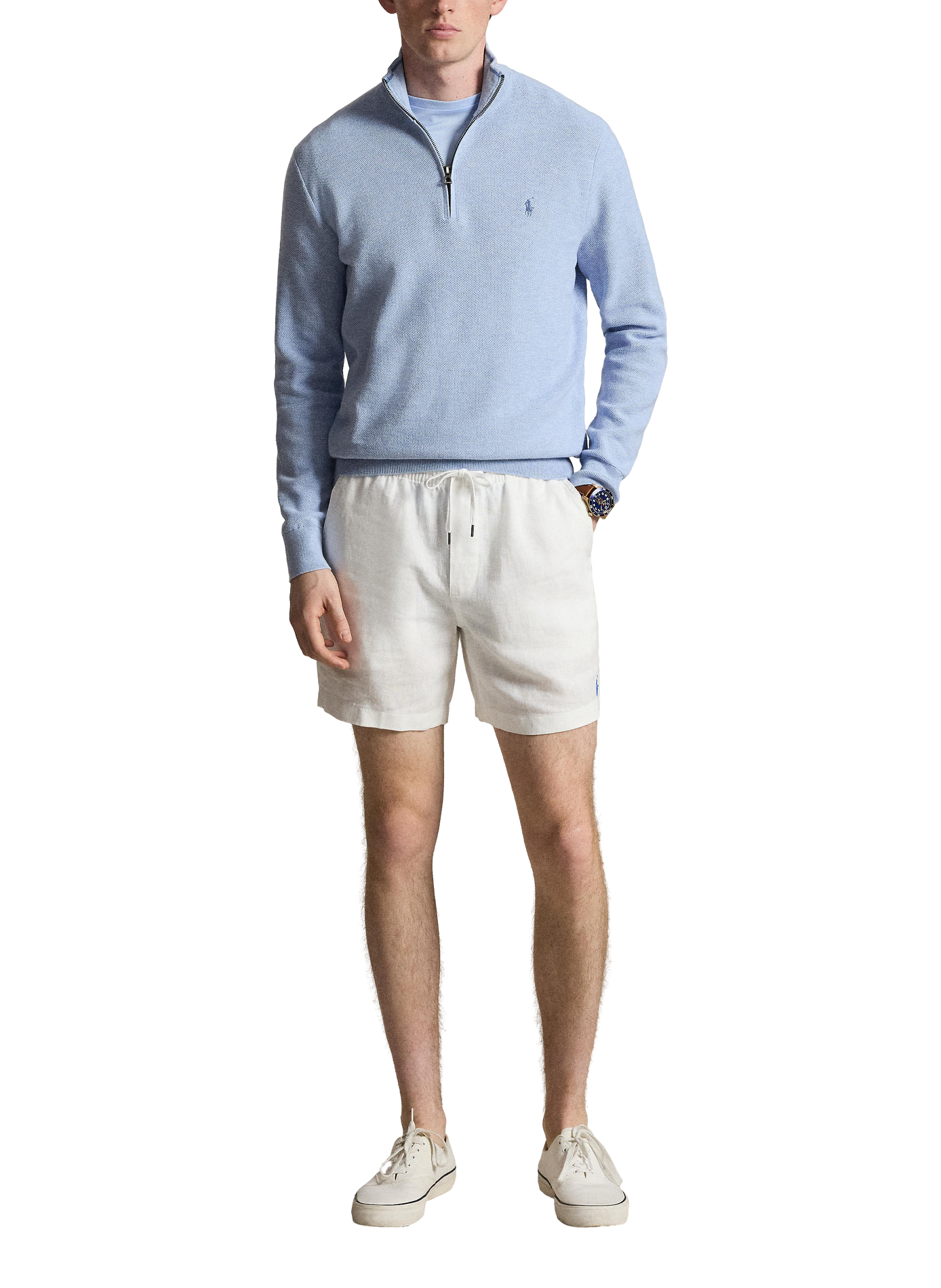 Cotton textured knit zip-up sweater. POLO RALPH LAUREN Blue