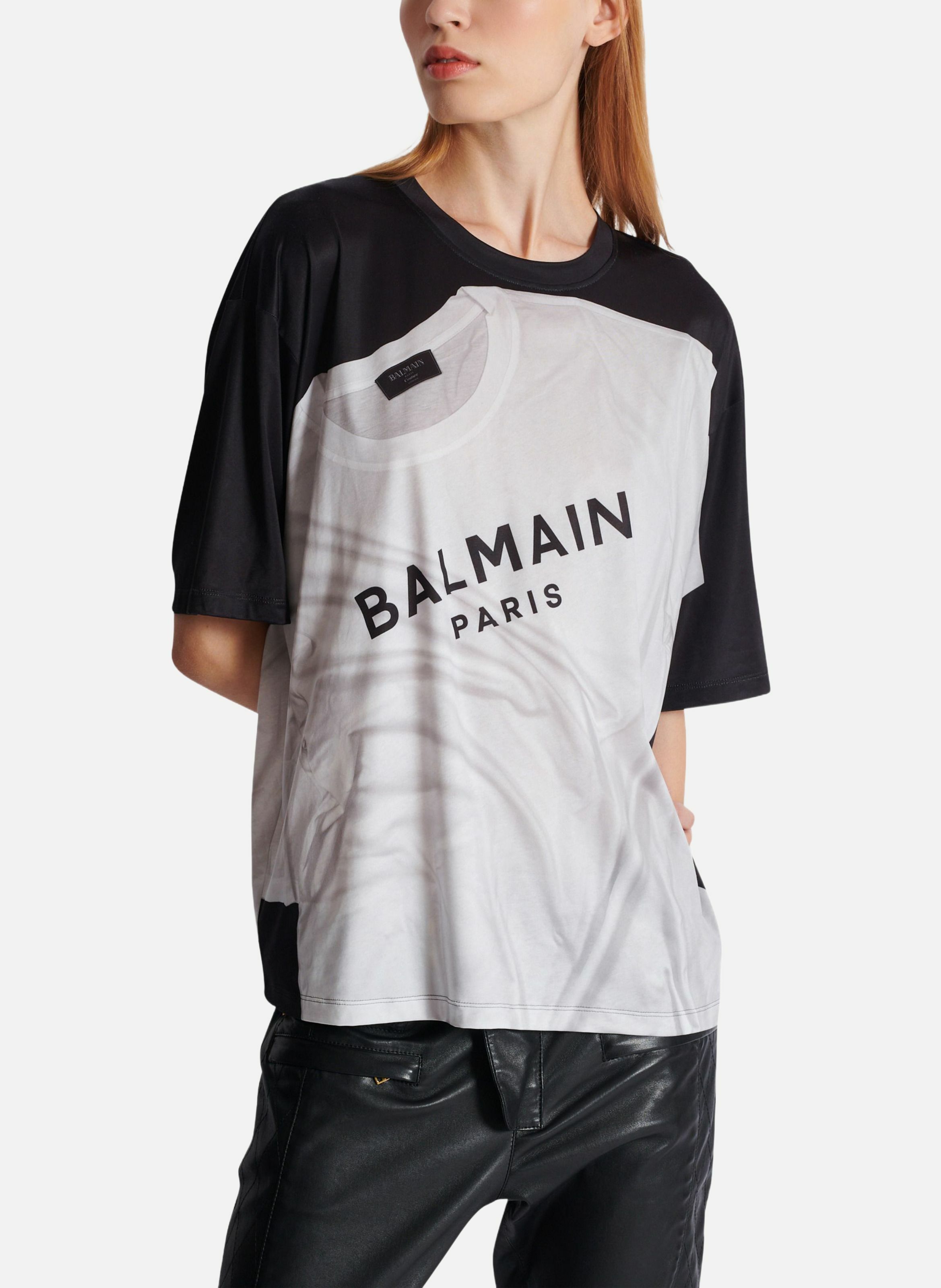 T-shirt fluide imprimé trompe-l'œil BALMAIN Noir