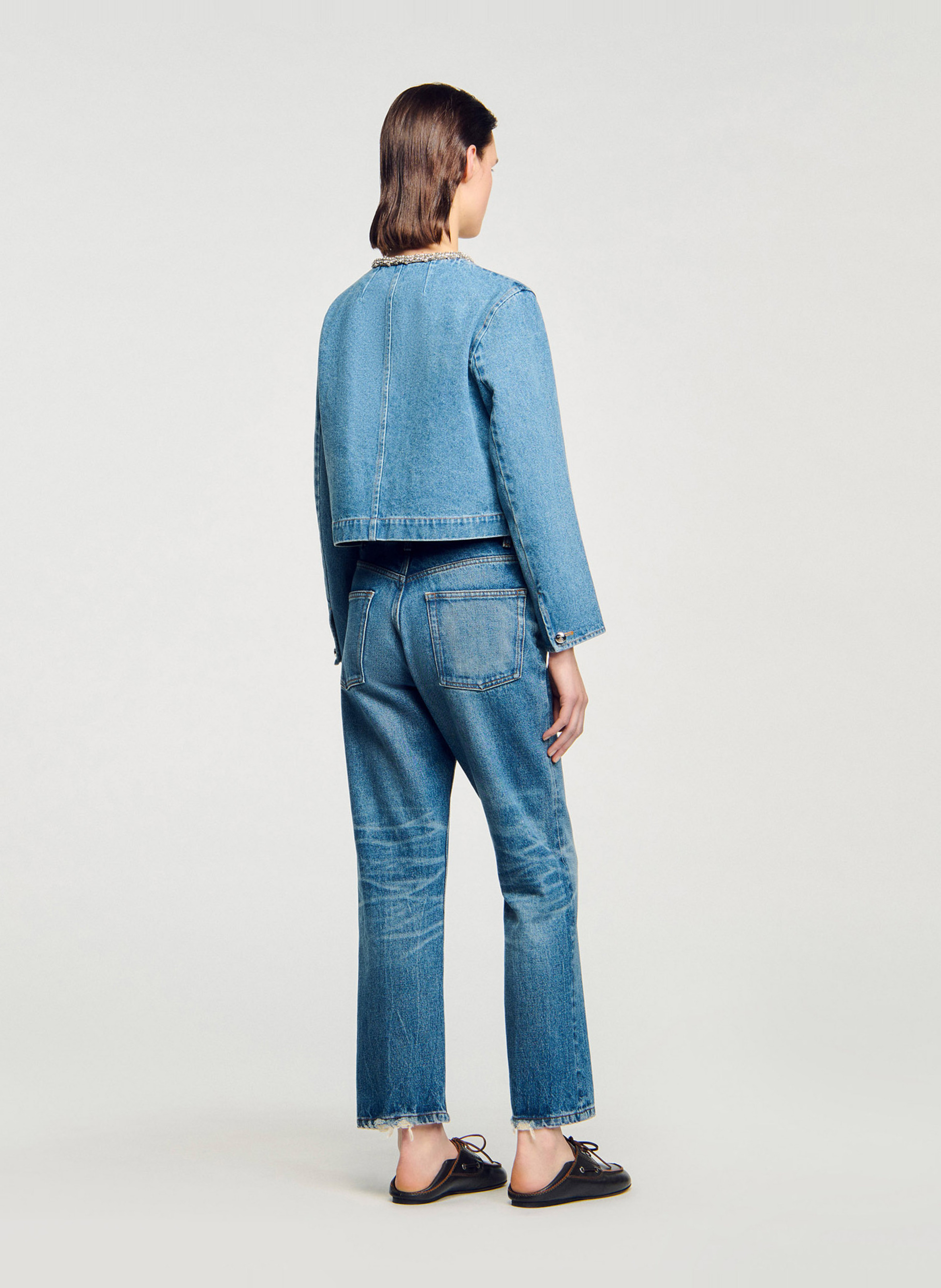 Blouson col rond en denim de coton SANDRO Bleu