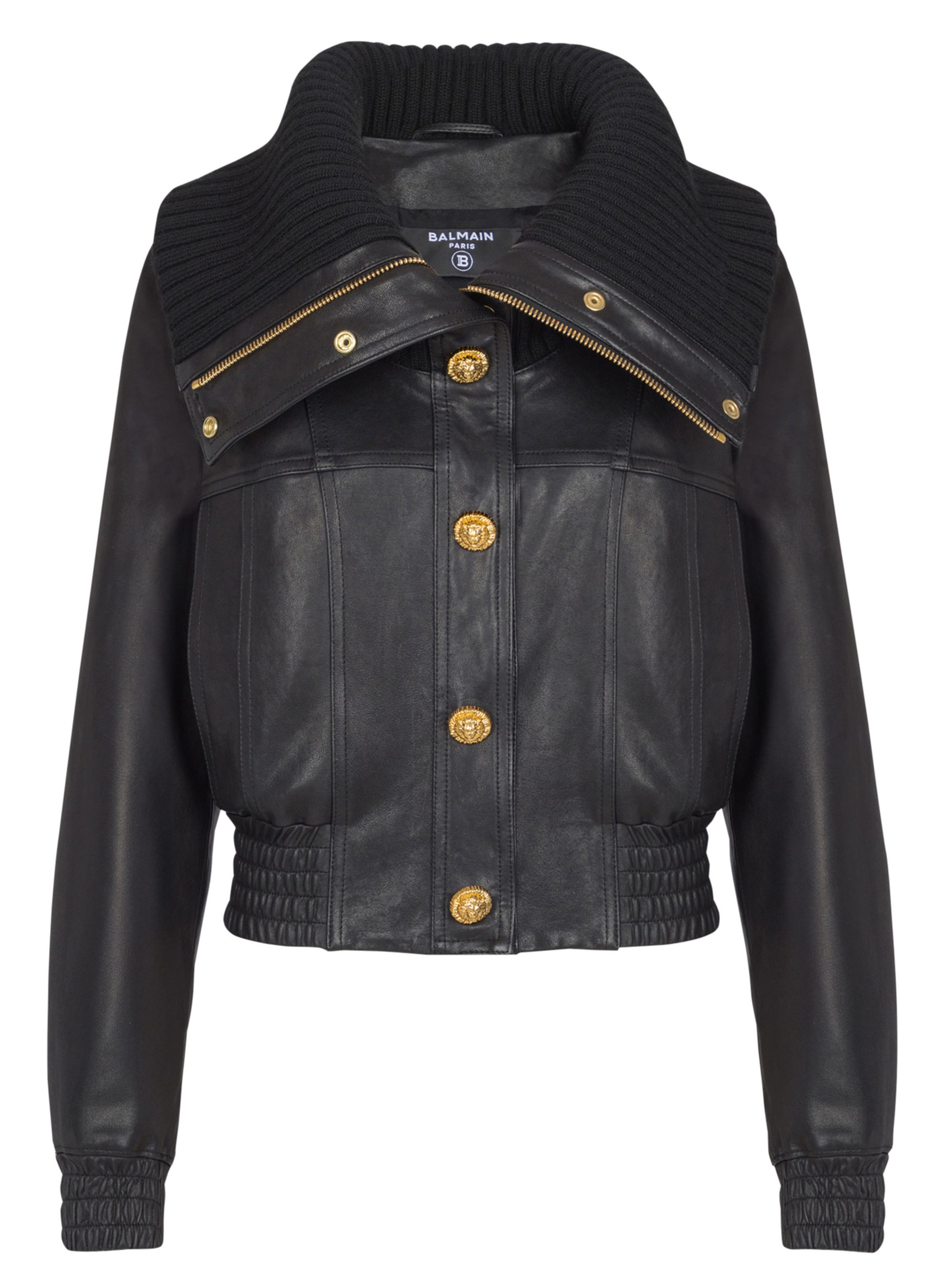 Bomber en cuir d’agneau et maille BALMAIN Noir