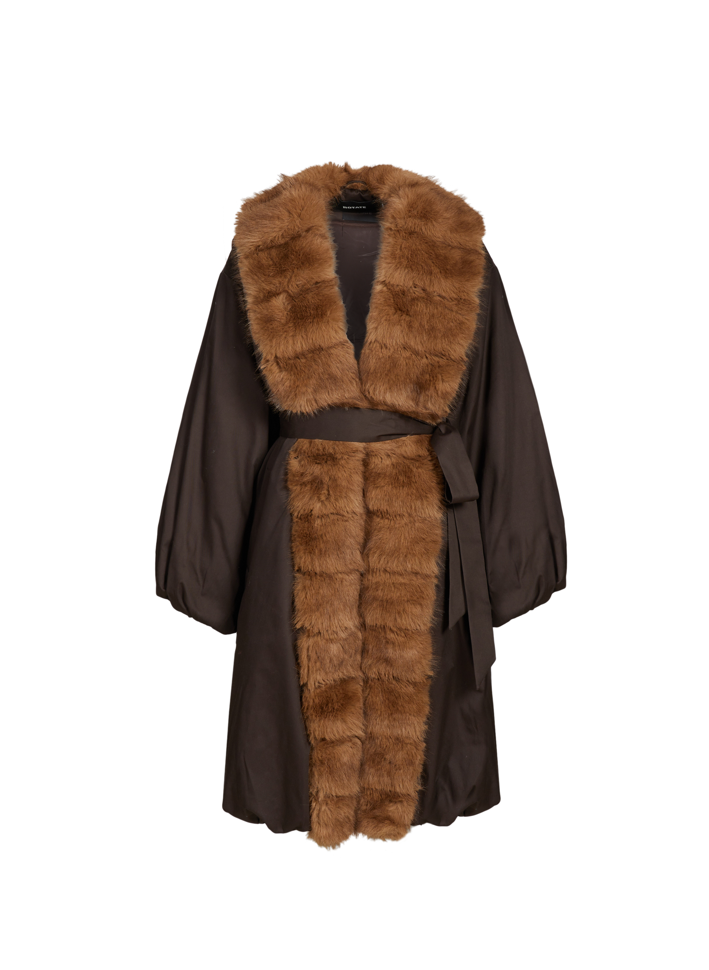 ROTATE Long coat with fur collar Brown