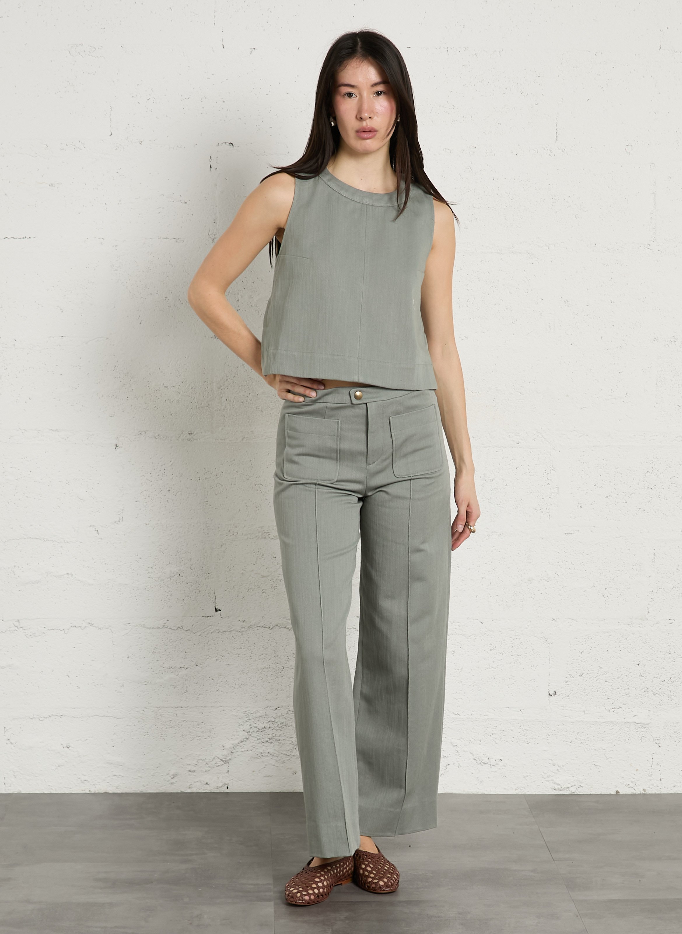 Top col rond sans manches en coton pampa SOEUR Vert