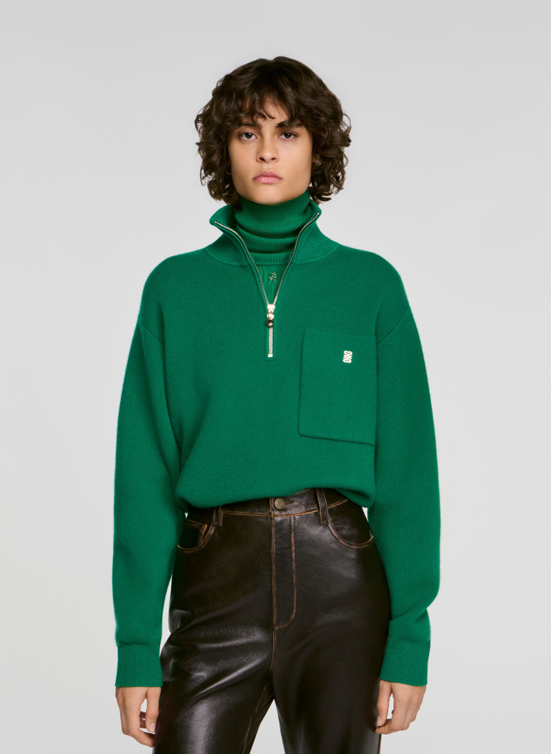 Pull col montant uni en laine mélangée SANDRO Vert