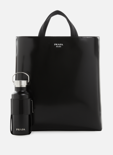 Leder-Einkaufstasche mit Wasserflasche SchwarzPRADA 