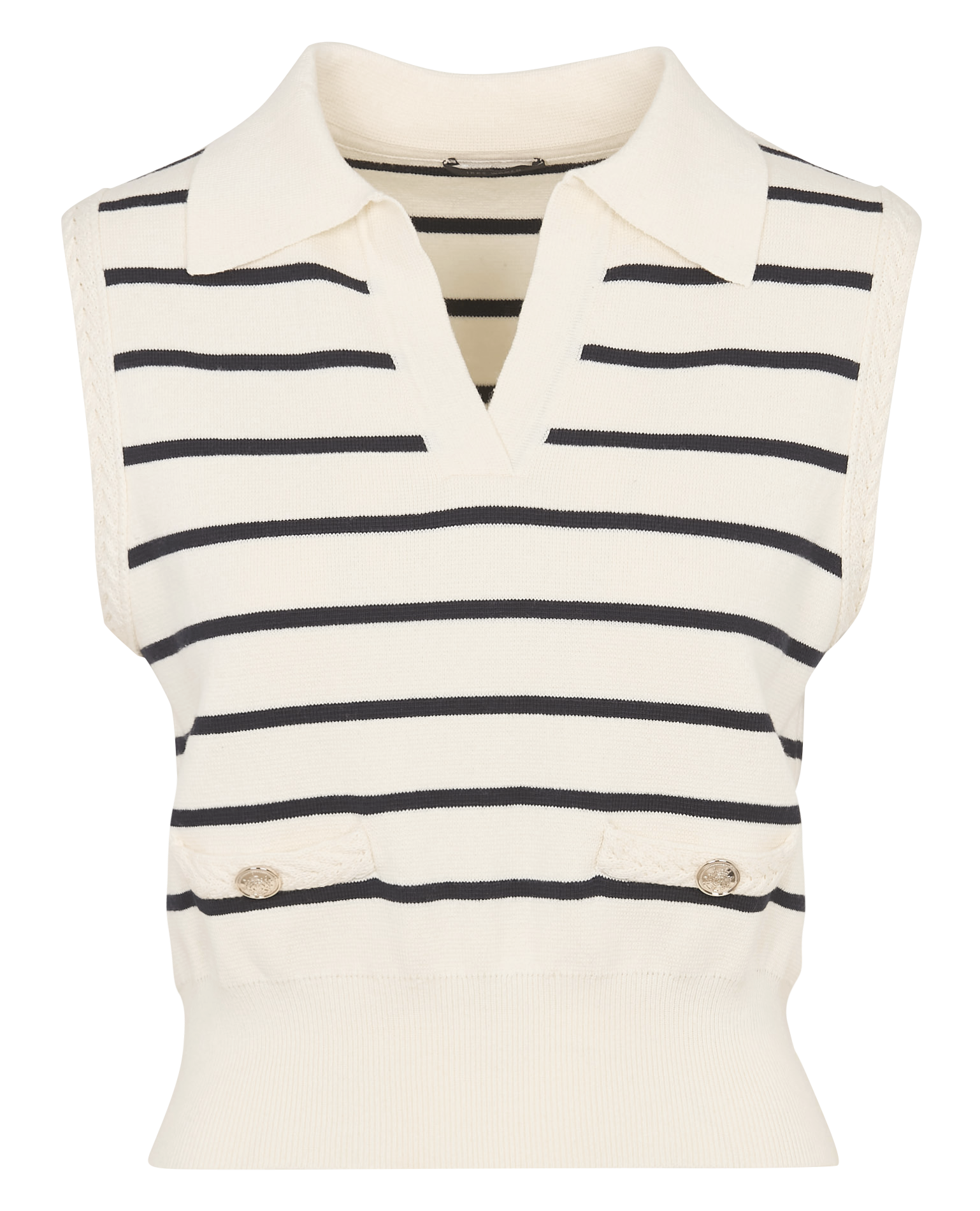 Pull col polo sans manches à rayures IKKS Blanc