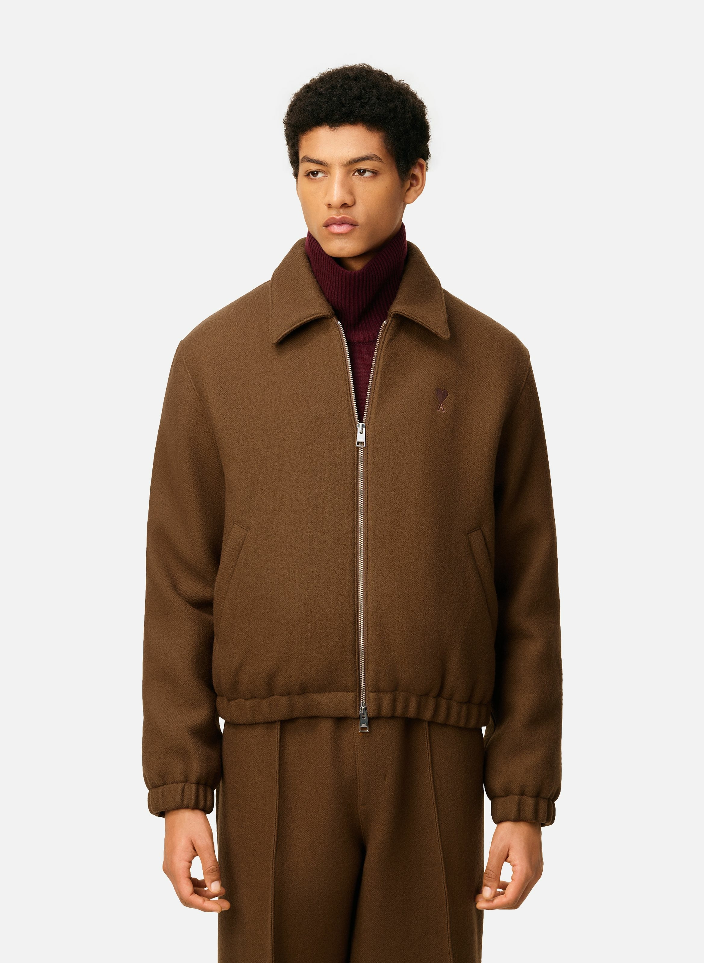 AMI PARIS Blouson zippé ami de coeur en laine Marron