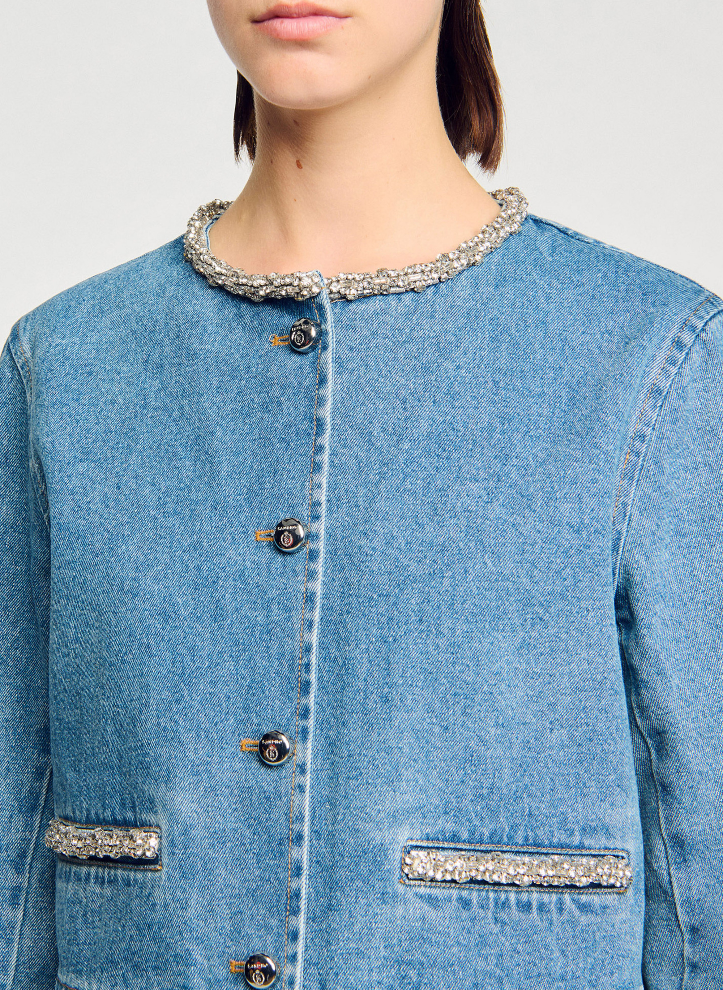 Blouson col rond en denim de coton SANDRO Bleu