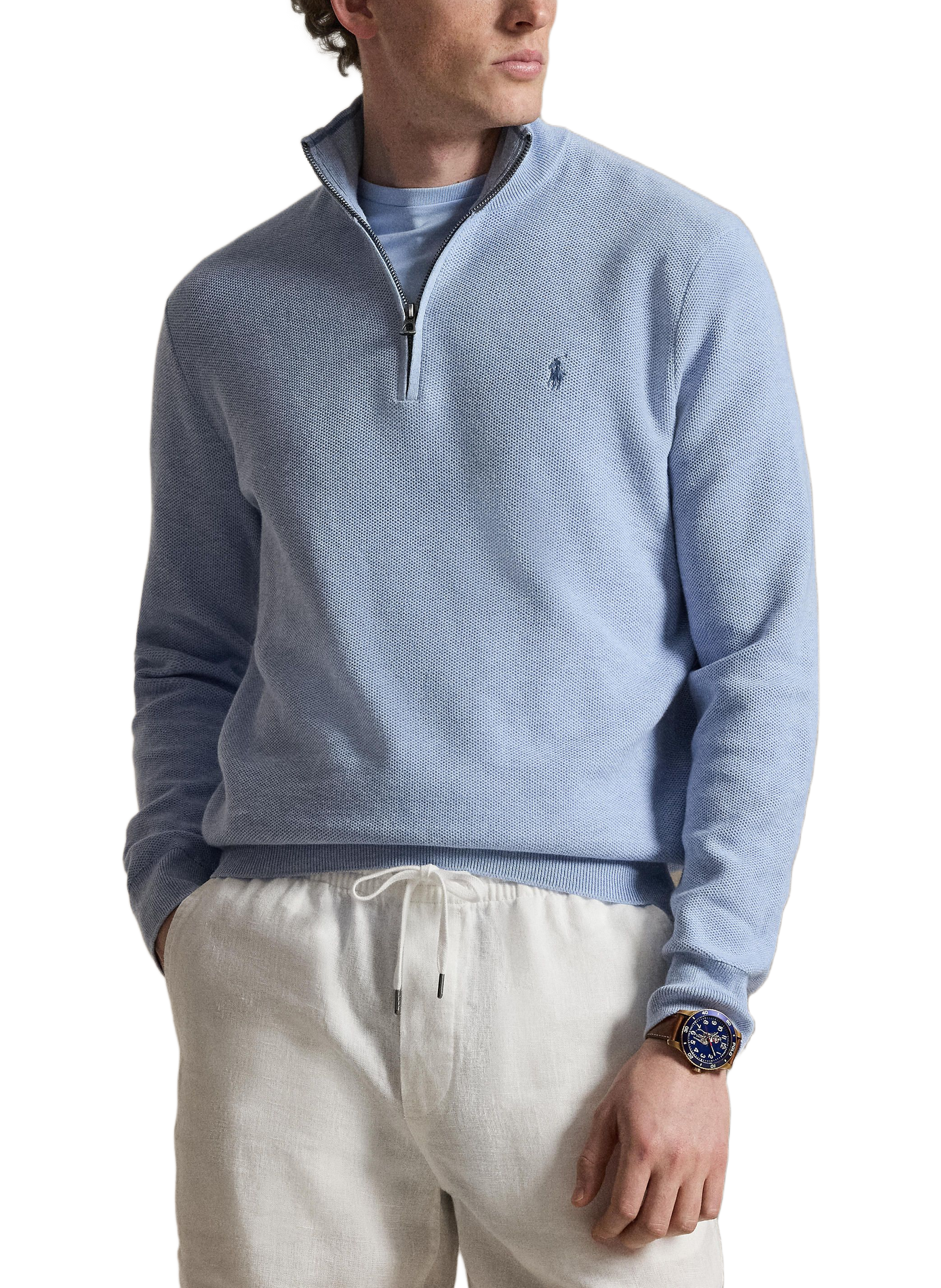 Cotton textured knit zip-up sweater. POLO RALPH LAUREN Blue