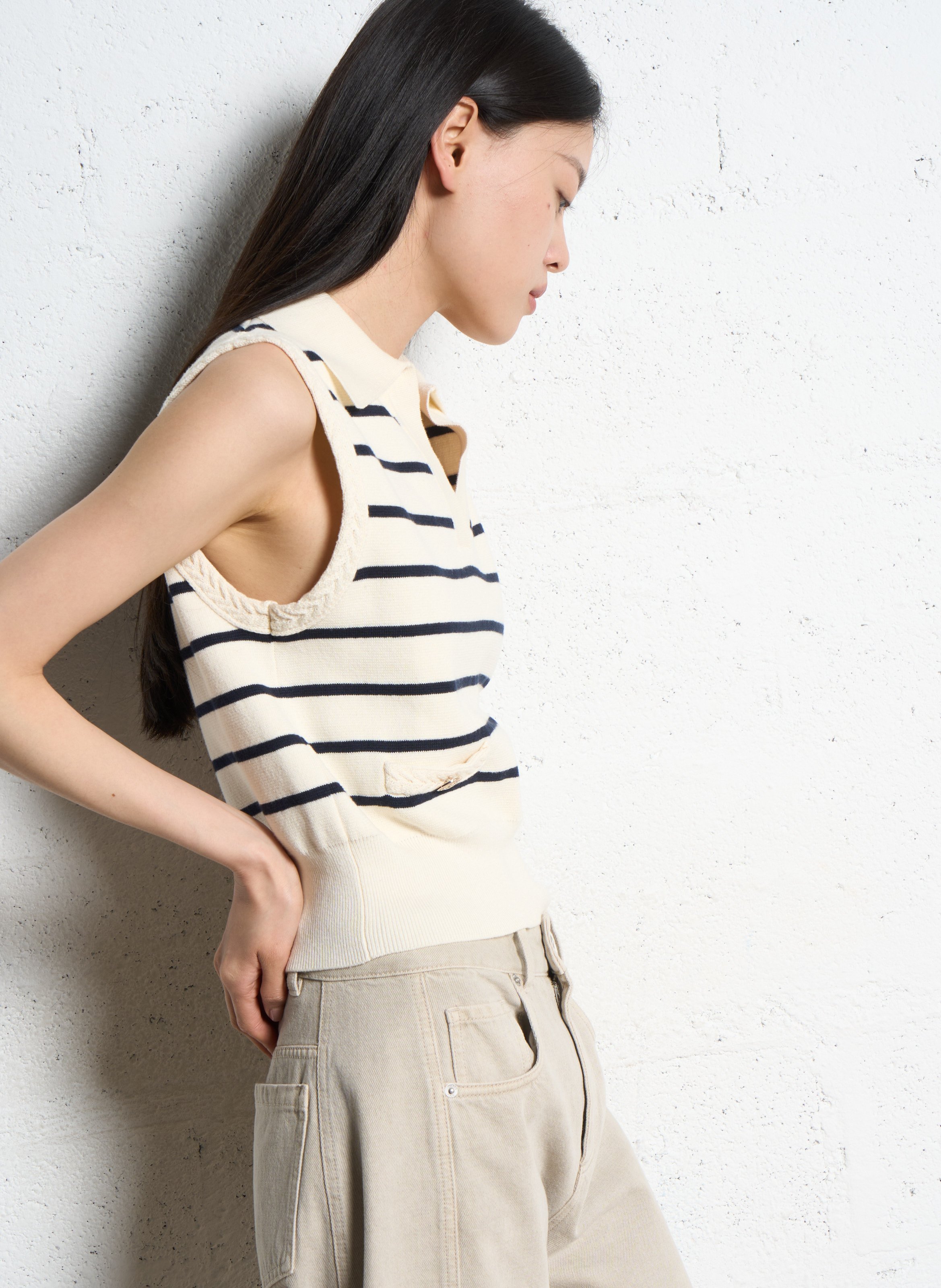 Pull col polo sans manches à rayures IKKS Blanc