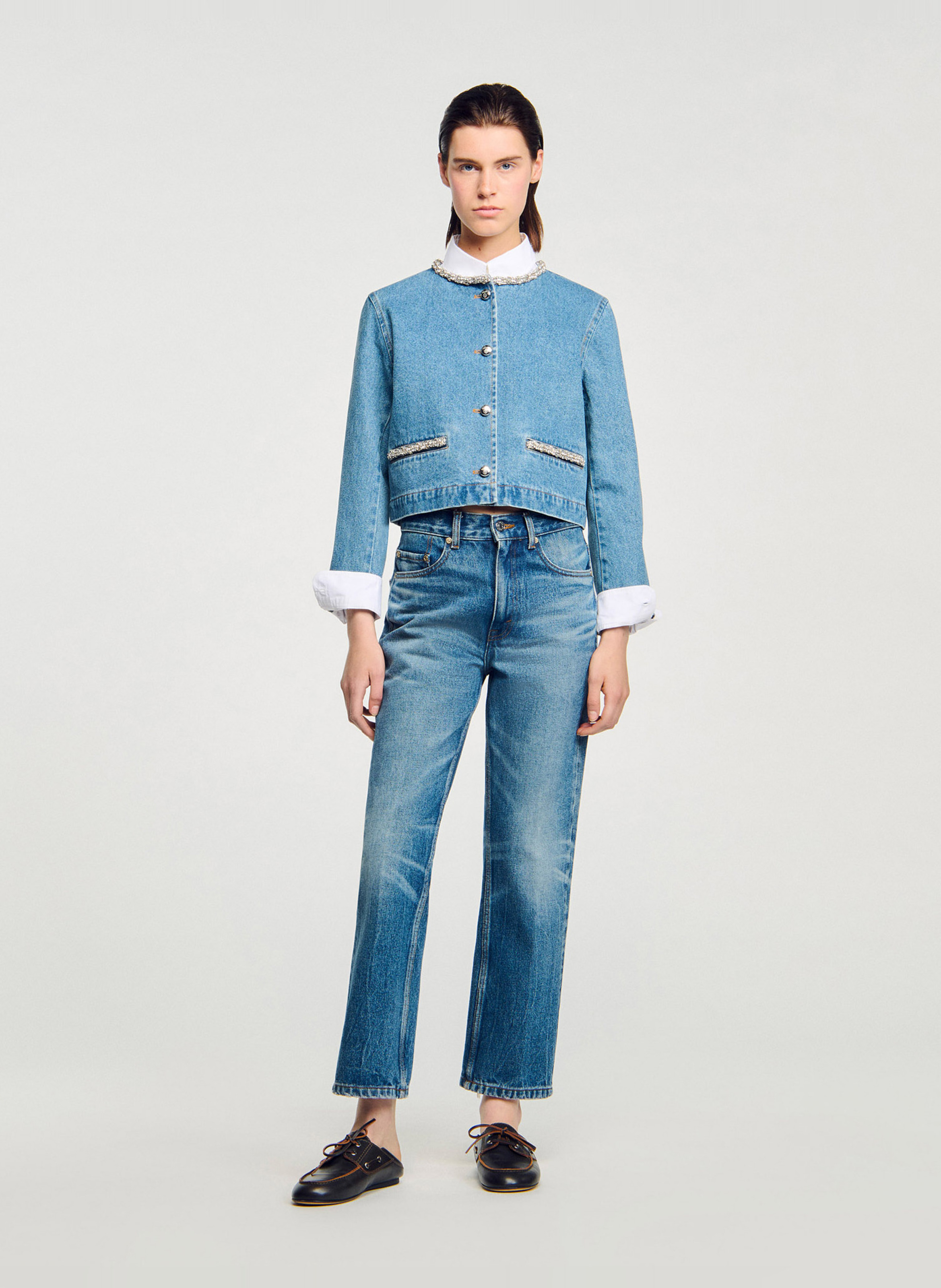 Blouson col rond en denim de coton SANDRO Bleu