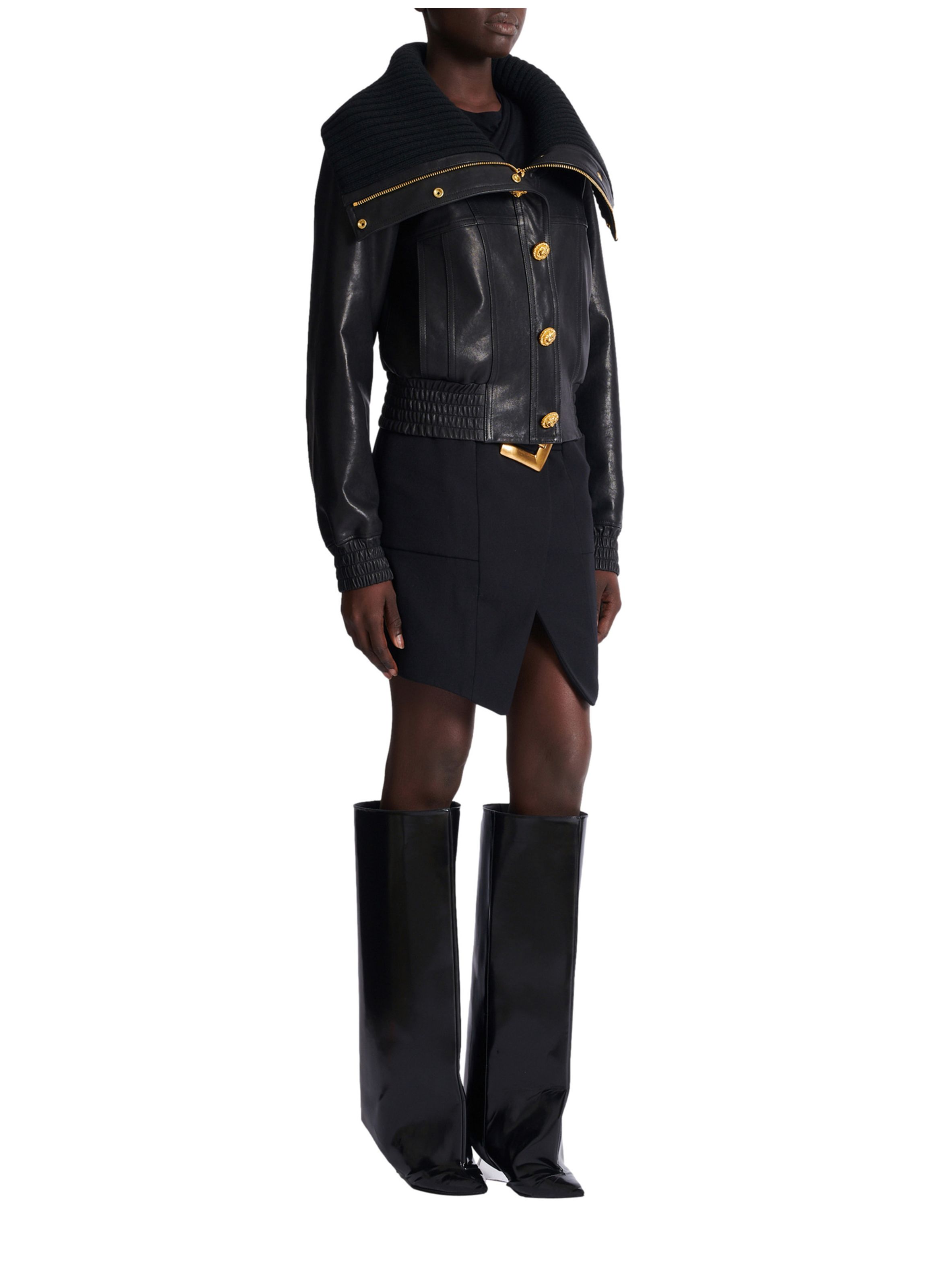 Bomber en cuir d’agneau et maille BALMAIN Noir