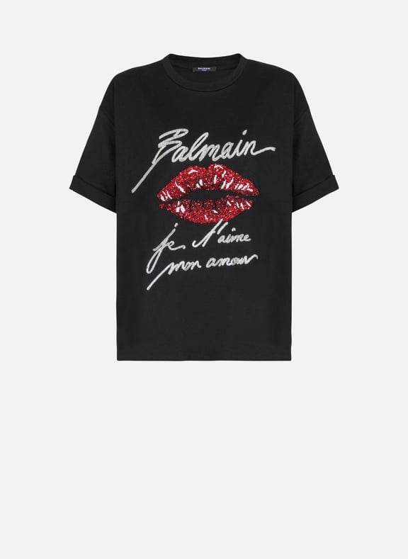 T-shirt à manches courtes brodé kiss Noir by BALMAIN BALMAIN T-shirt à manches courtes brodé kiss Noir
