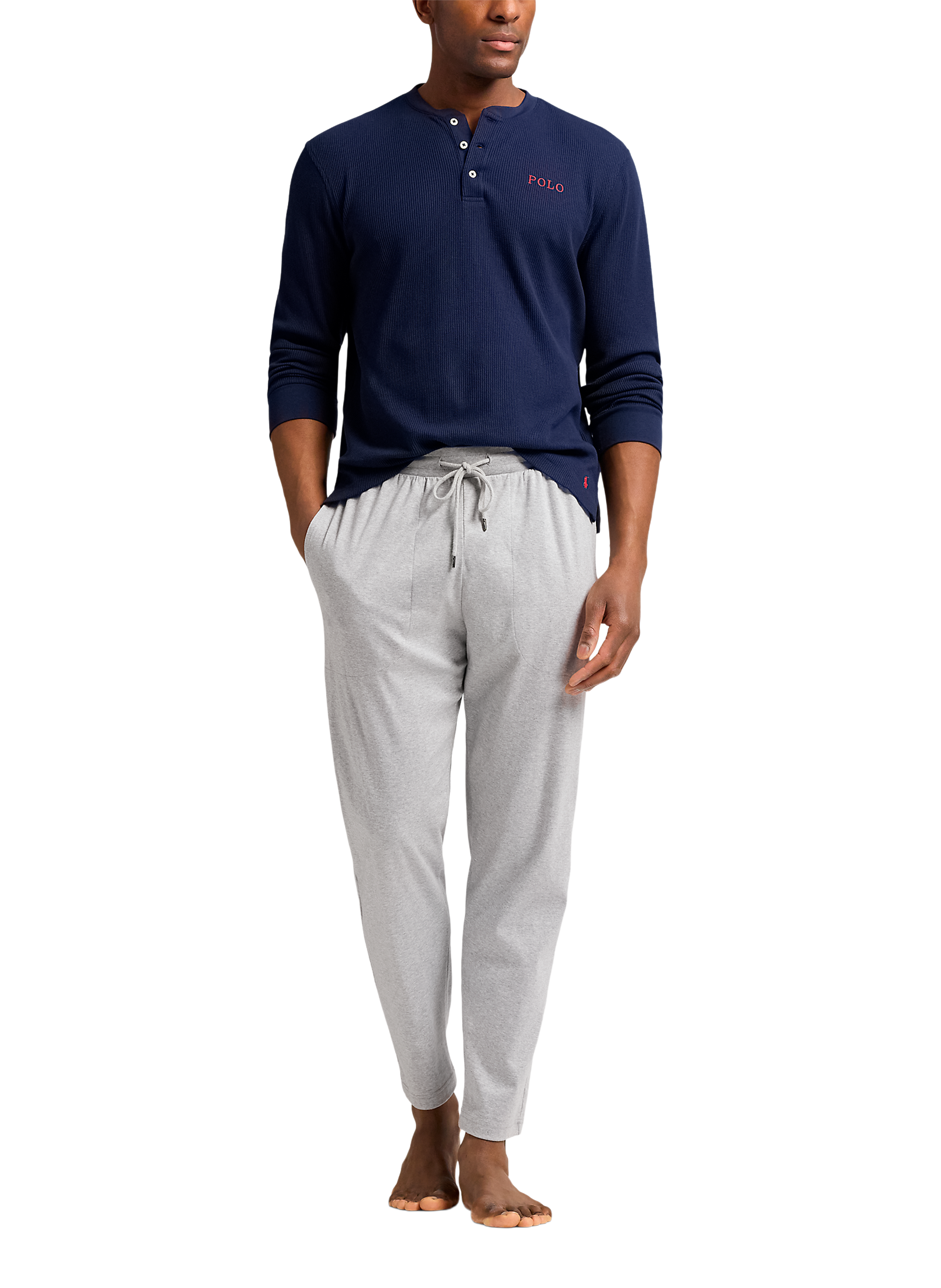 T-shirt de nuit gaufré à col tunisien POLO RALPH LAUREN Bleu