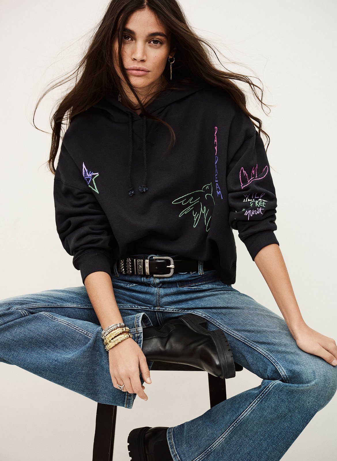 Sweat à capuche brodé en coton bio oasis BA&SH Noir