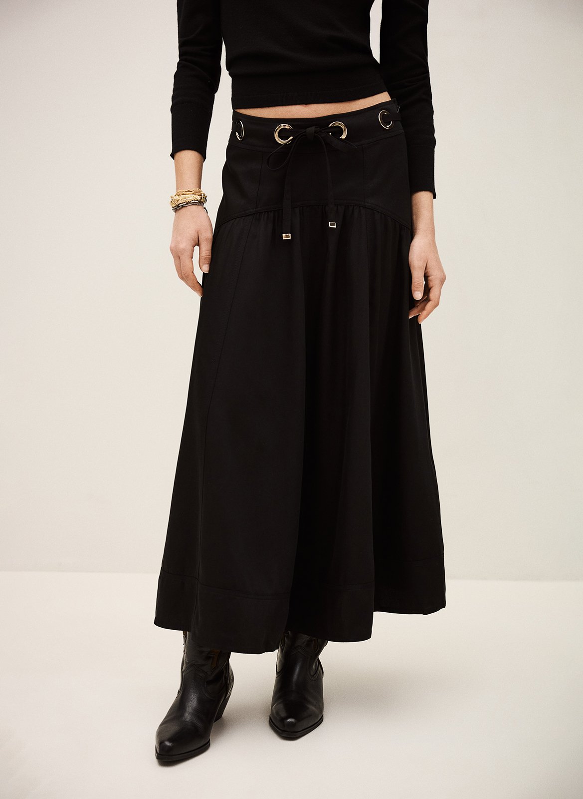 Jupe longue évasée unie à œillets ponia BA&SH Noir