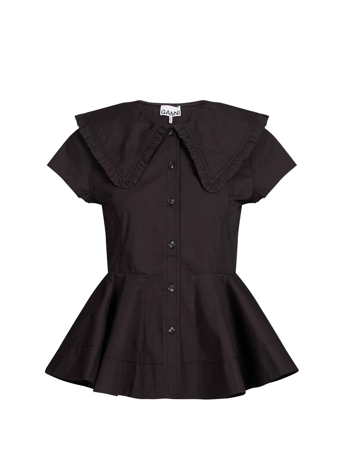 Shirt with ruffled collar and short sleeves in blended cotton GANNI Black