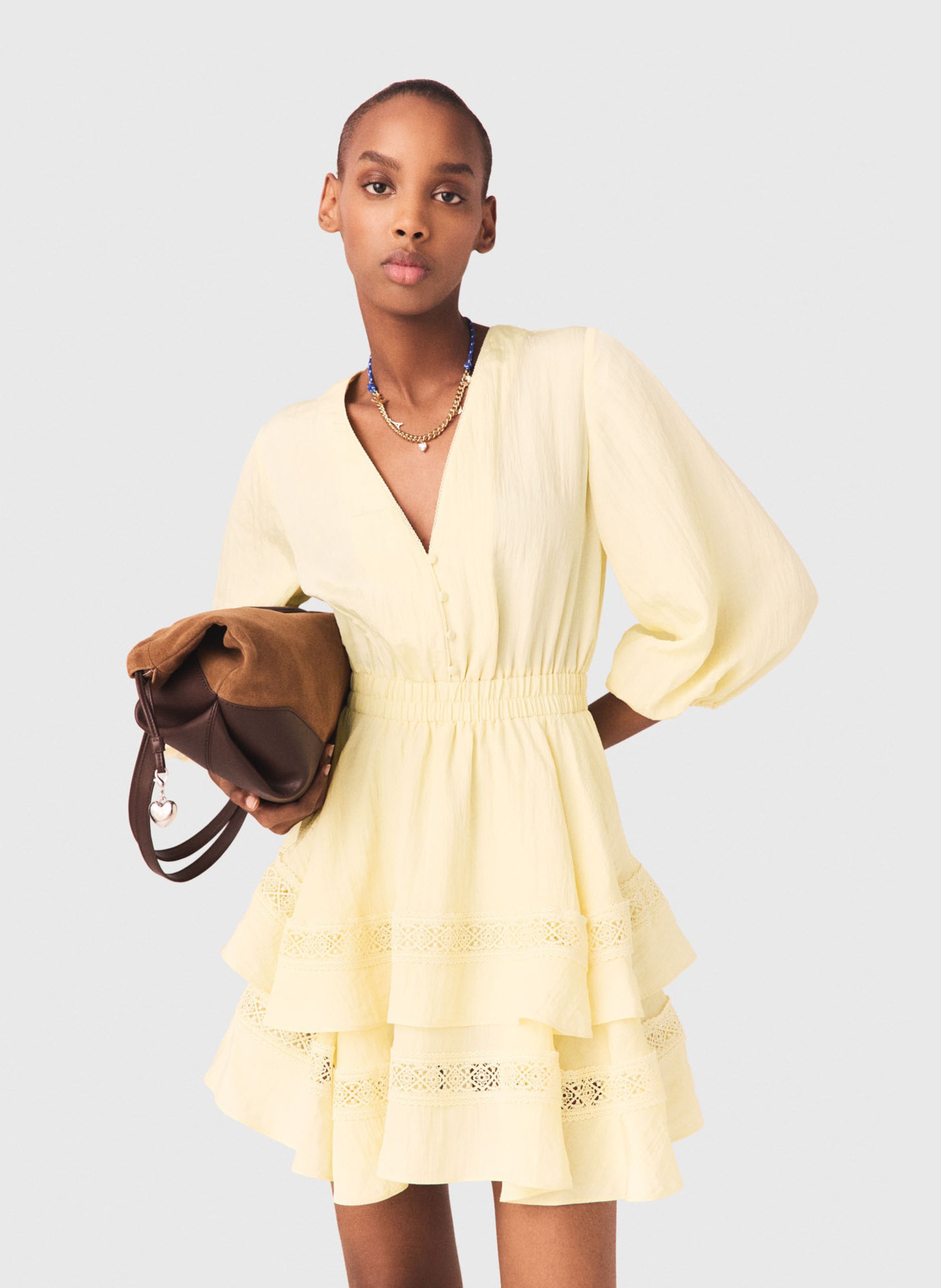 Robe courte évasée col v MAJE Jaune