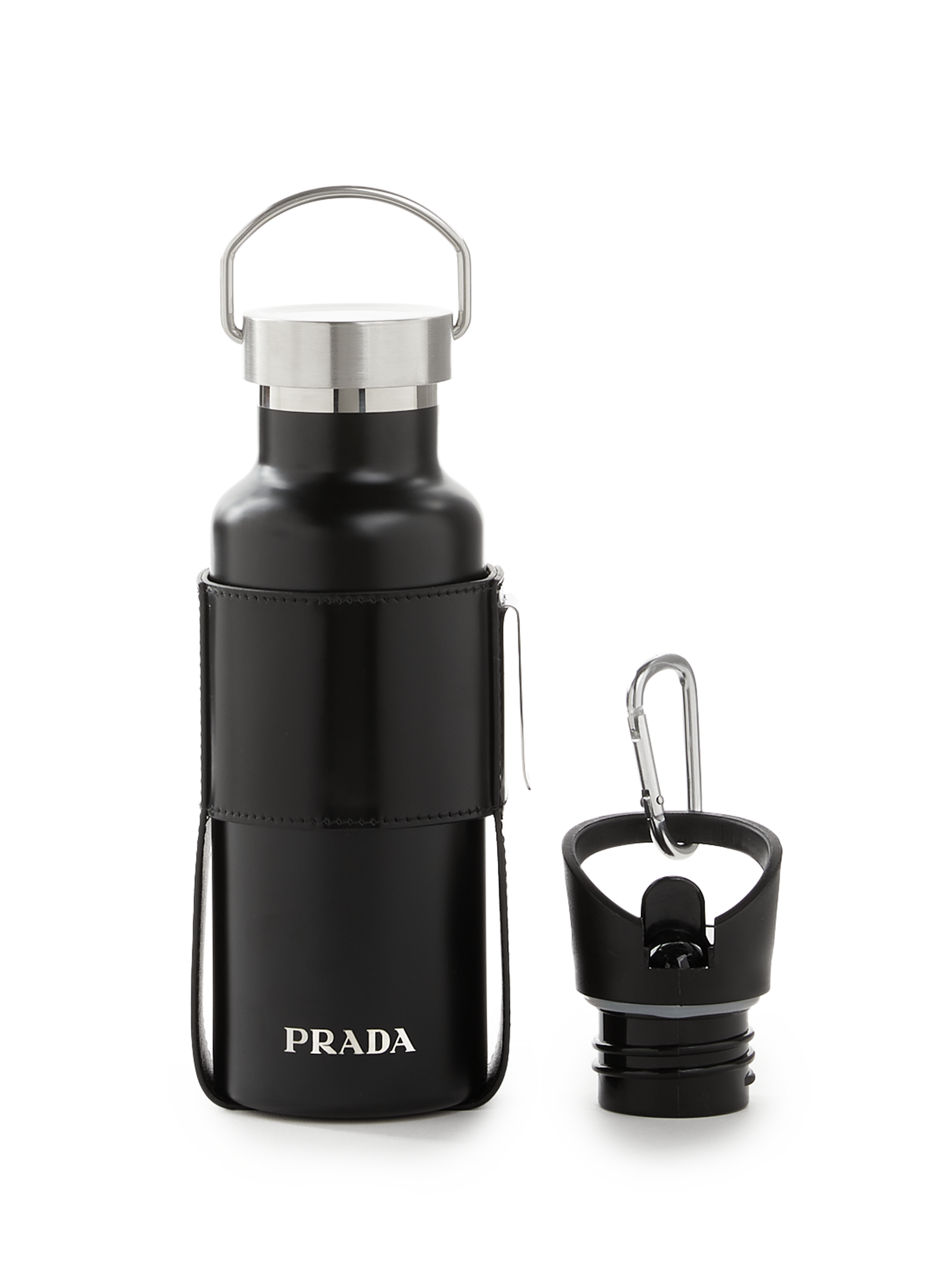 Leather shopping bag with flask PRADA Black