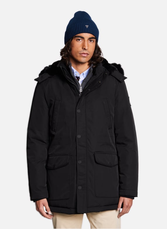 Mens black parka jacket with black fur hood shop