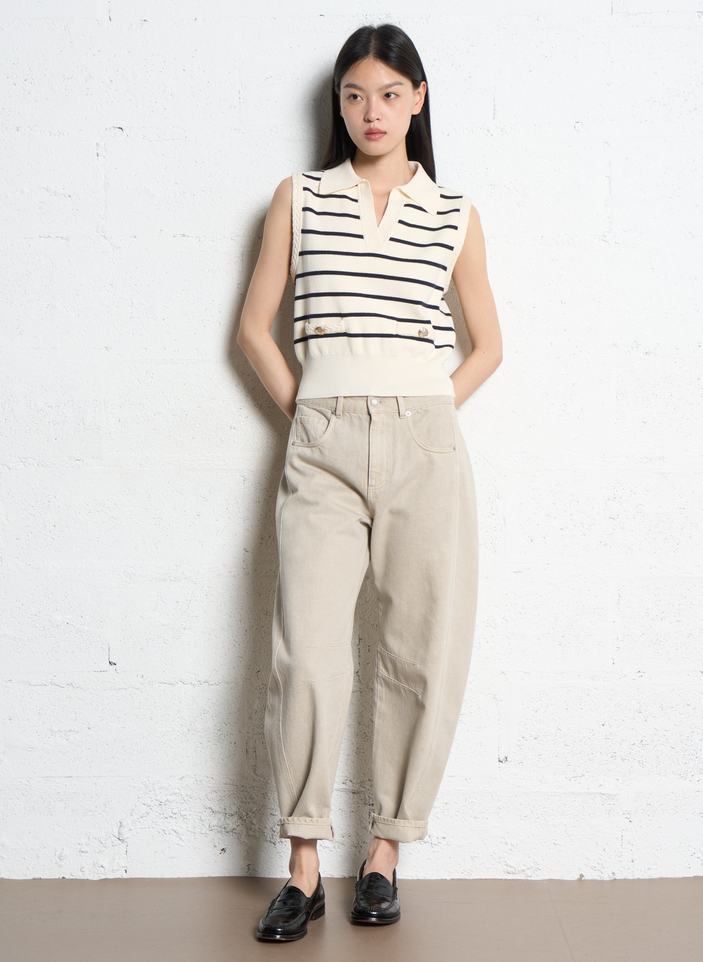 Pull col polo sans manches à rayures IKKS Blanc