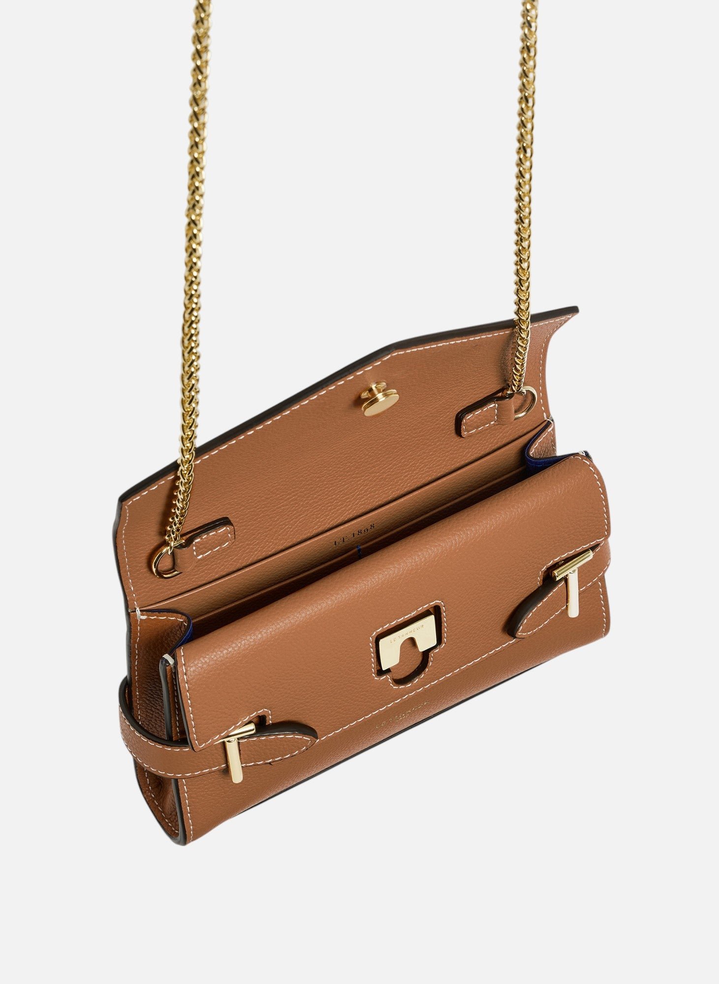 Sac pochette avec bandoulière double rabat emilie en cuir grainé Marron