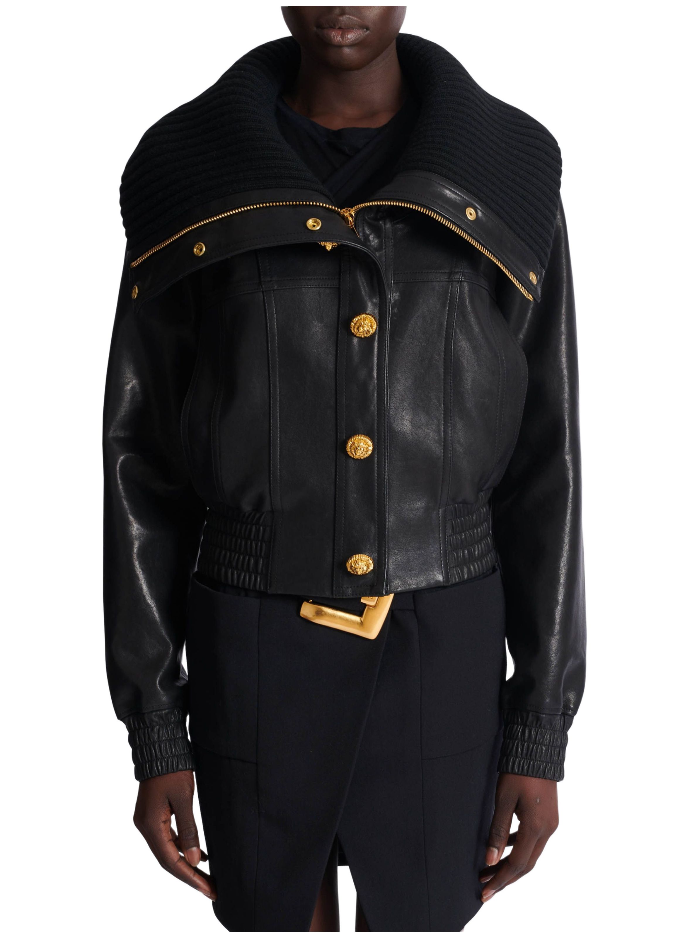 Bomber en cuir d’agneau et maille BALMAIN Noir