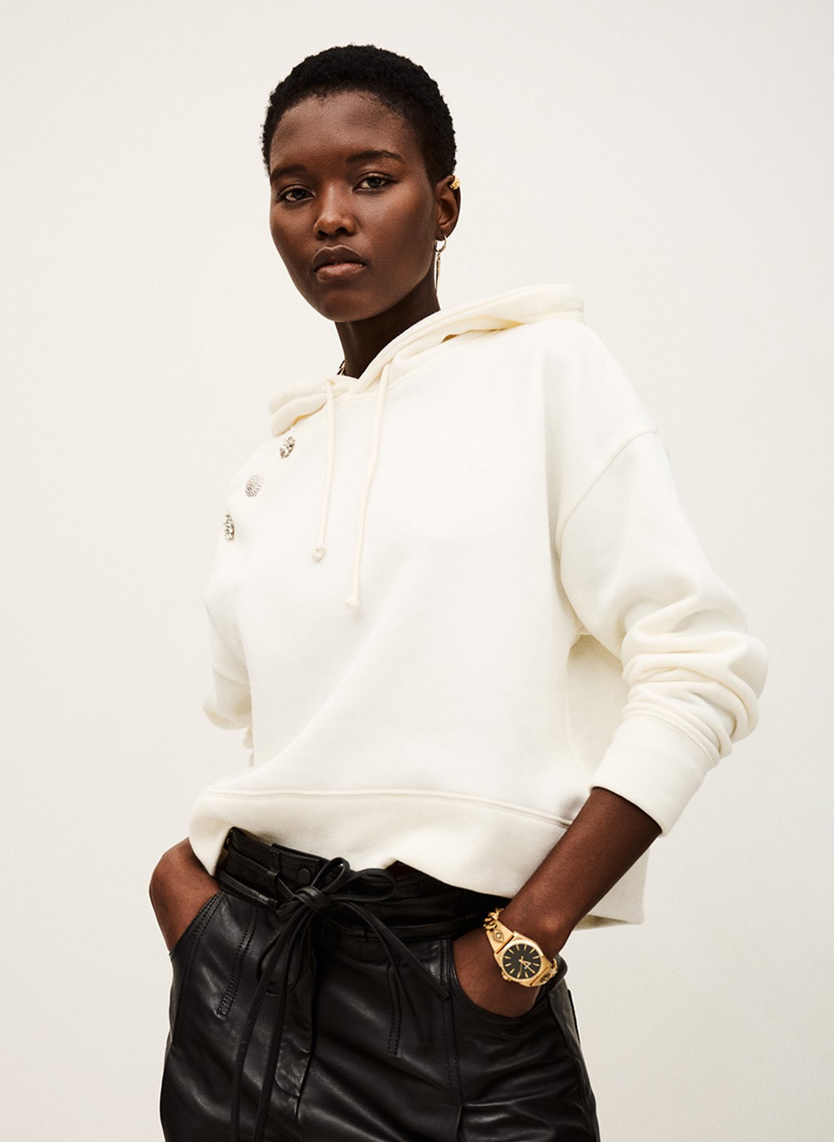 Sweat droit à capuche uni et boutons bijoux didi BA&SH Beige