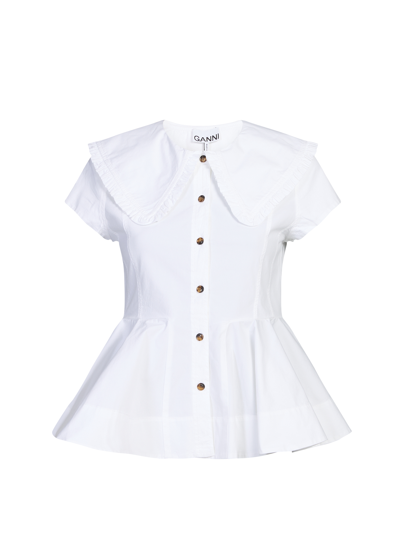 Shirt with ruffled collar and short sleeves in blended cotton GANNI White