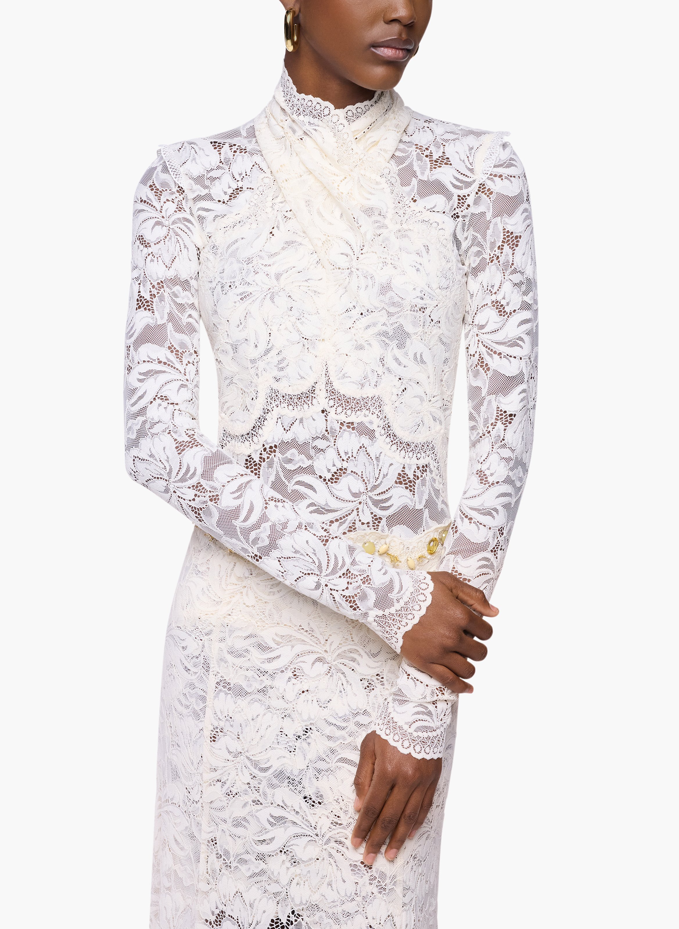 Top manches longues en dentelle col montant RABANNE Blanc