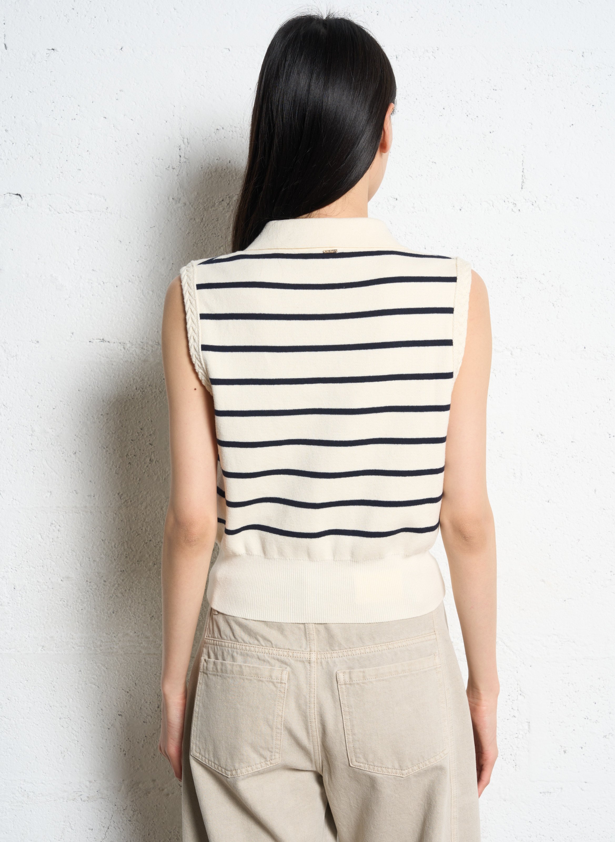 Pull col polo sans manches à rayures IKKS Blanc