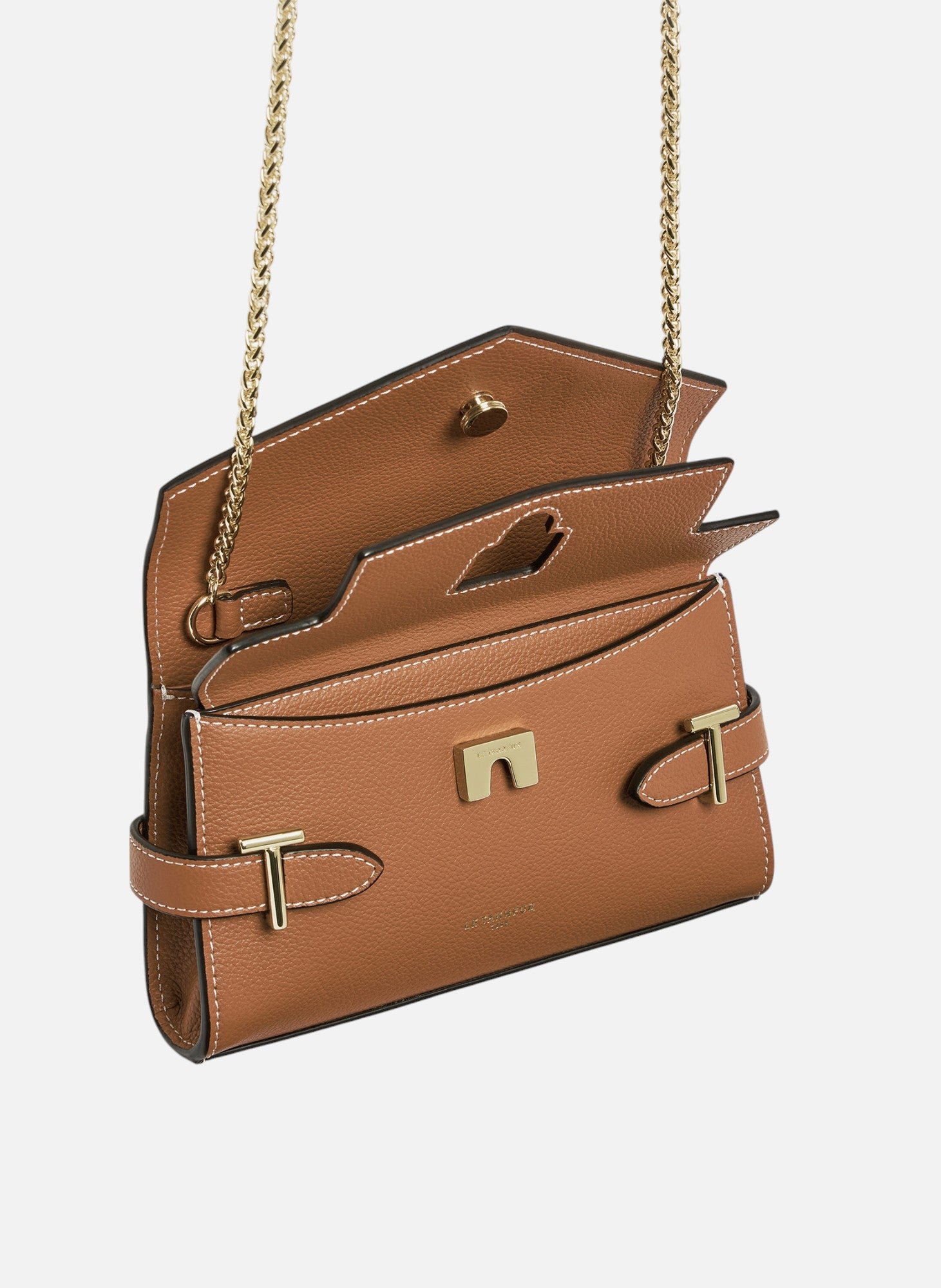 Sac pochette avec bandoulière double rabat emilie en cuir grainé Marron