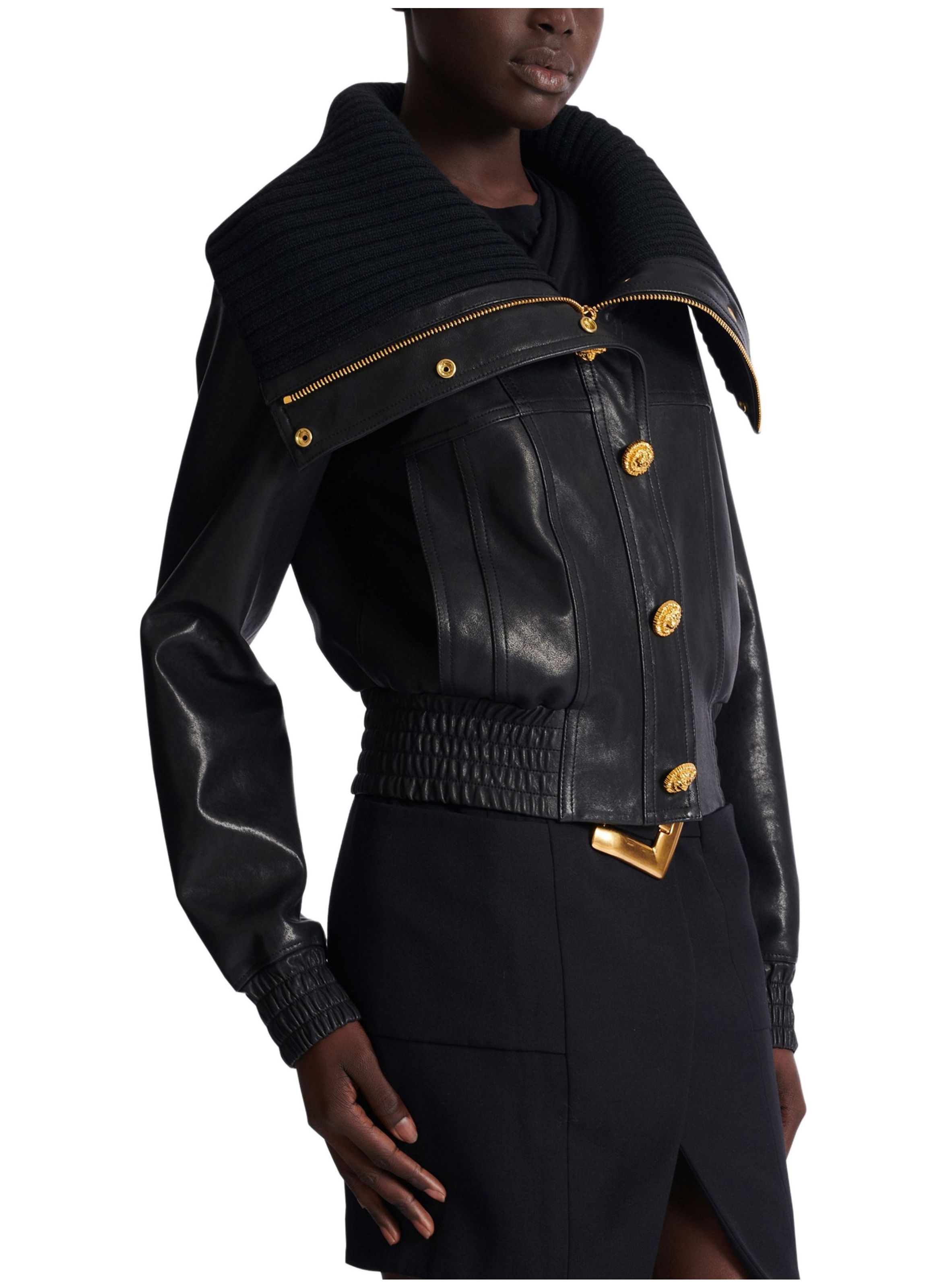Bomber en cuir d’agneau et maille BALMAIN Noir