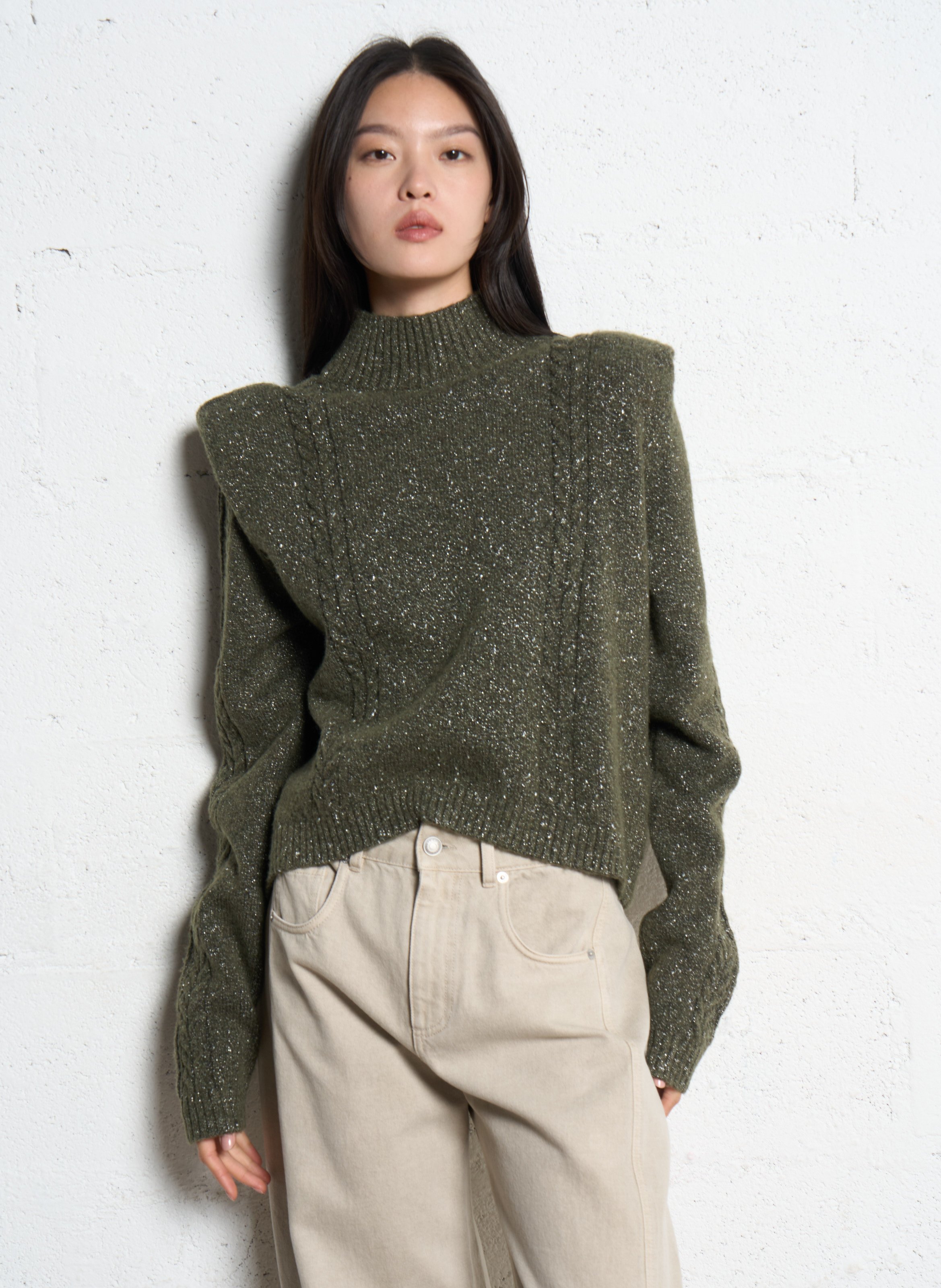 Pull court tressé à détails métallisés IKKS Kaki