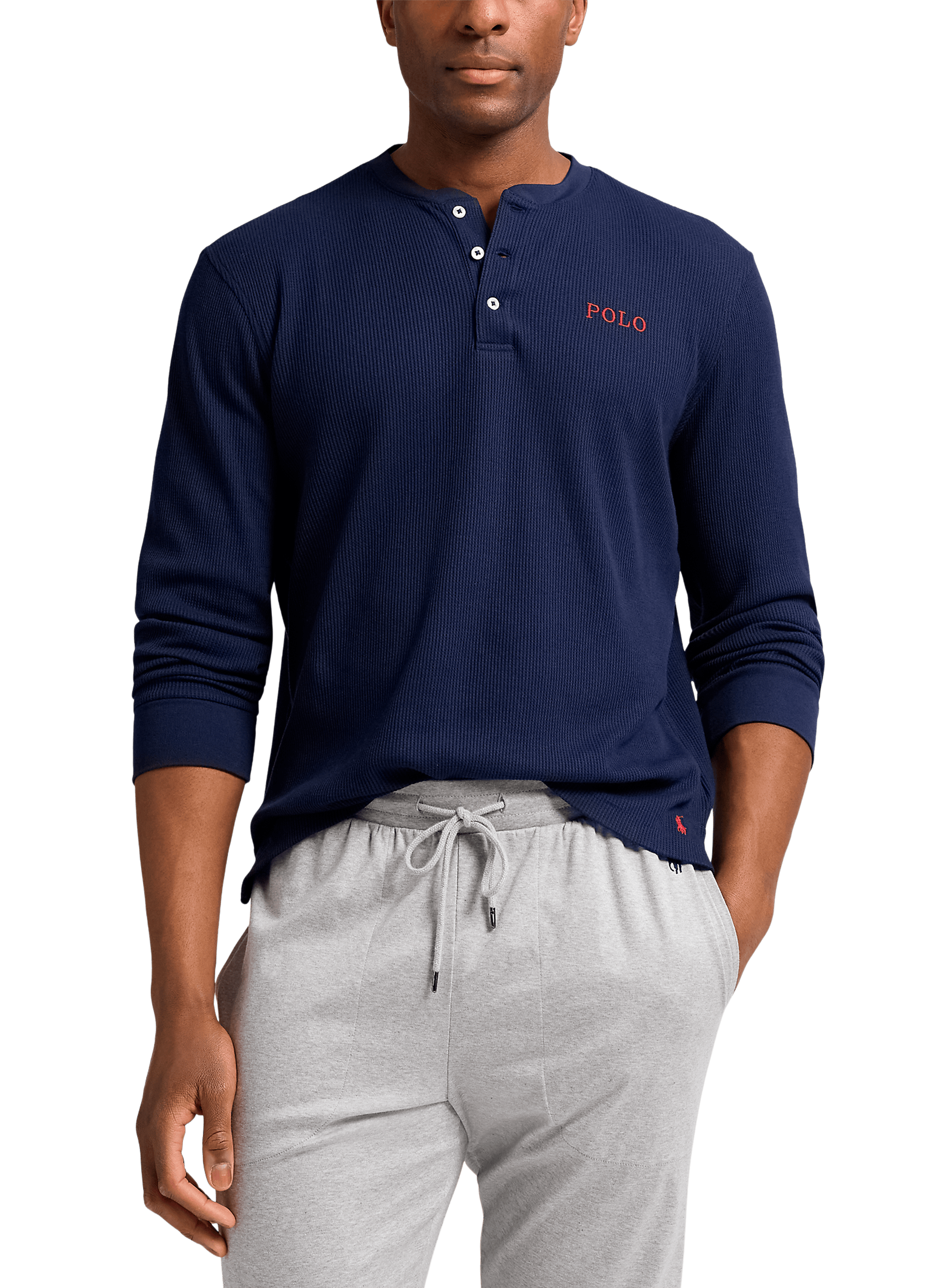 T-shirt de nuit gaufré à col tunisien POLO RALPH LAUREN Bleu