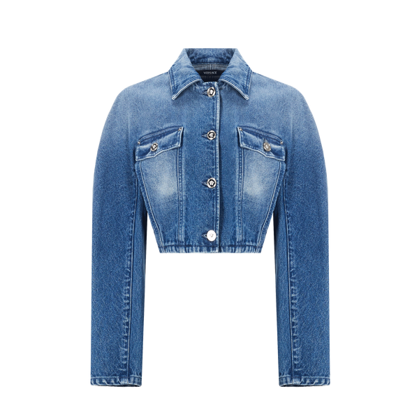 Shop Versace Cotton Denim Jacket In Blue