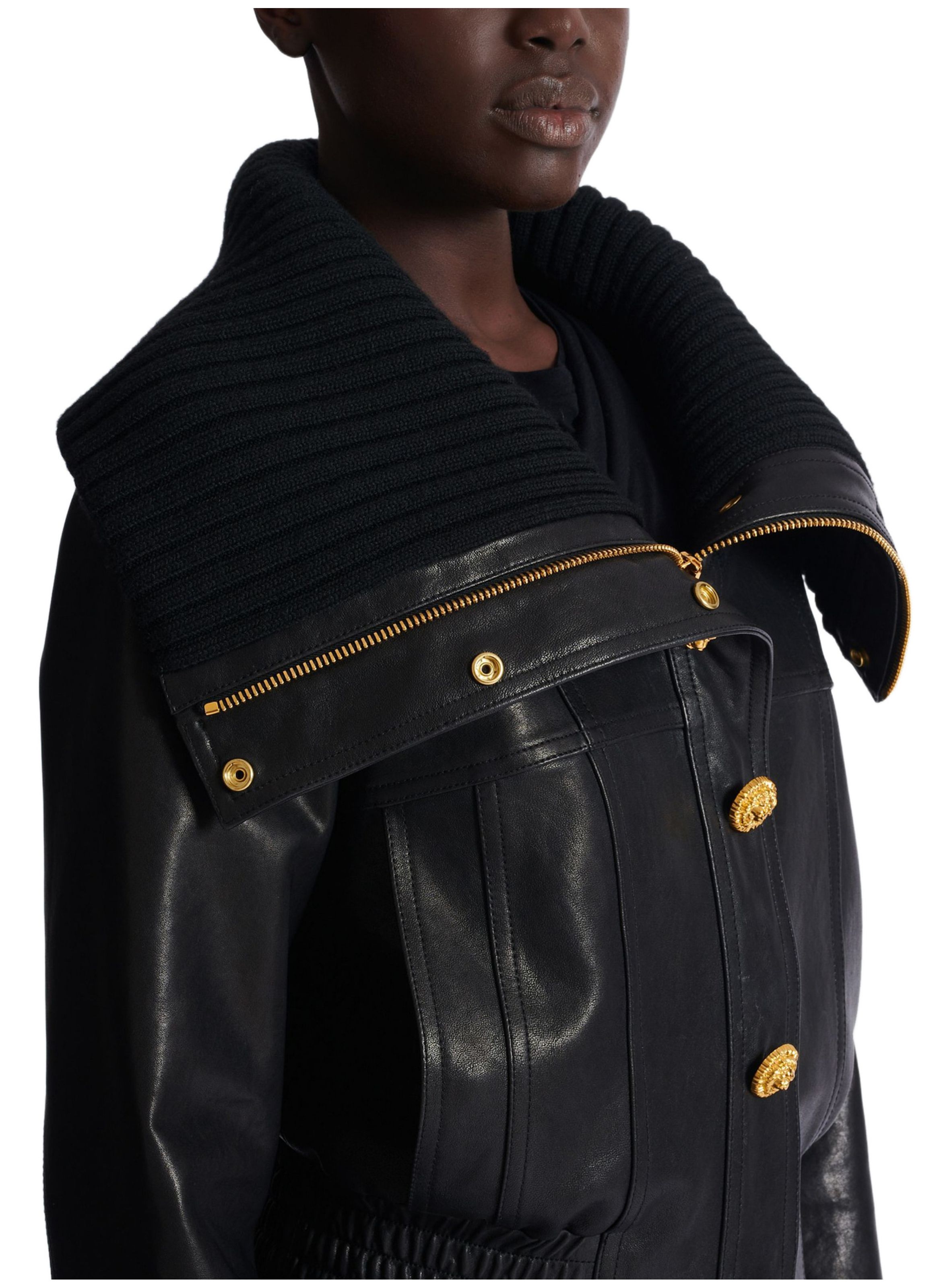Bomber en cuir d’agneau et maille BALMAIN Noir