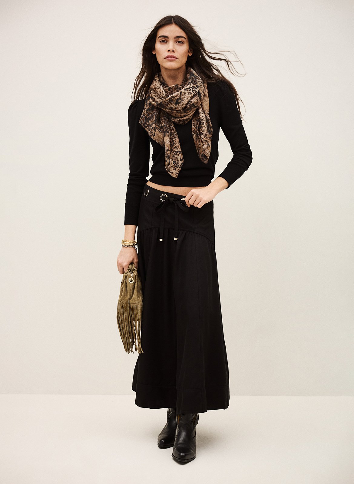 Jupe longue évasée unie à œillets ponia BA&SH Noir