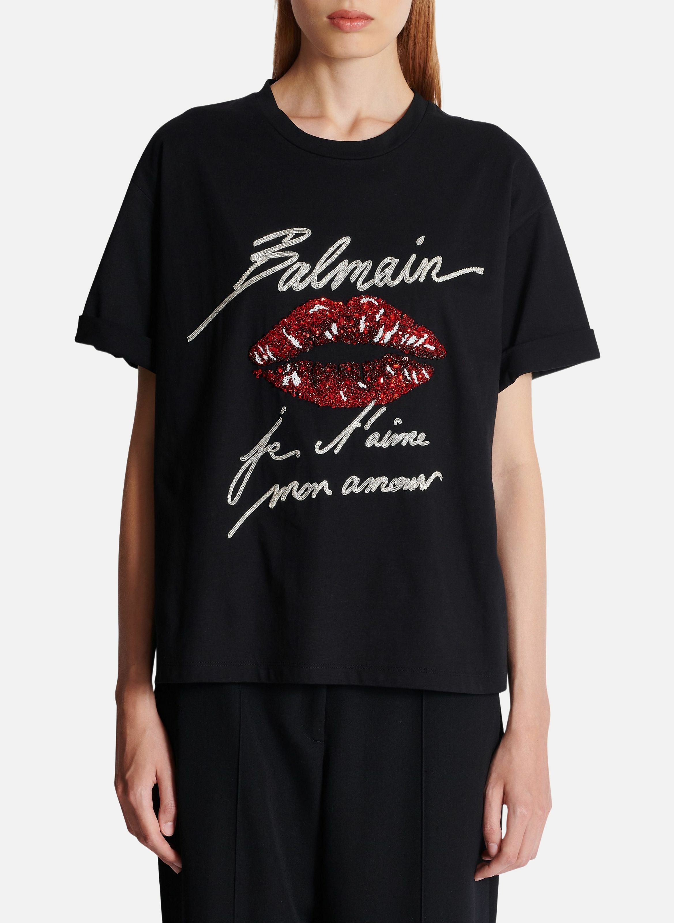 T-shirt à manches courtes brodé kiss BALMAIN Noir