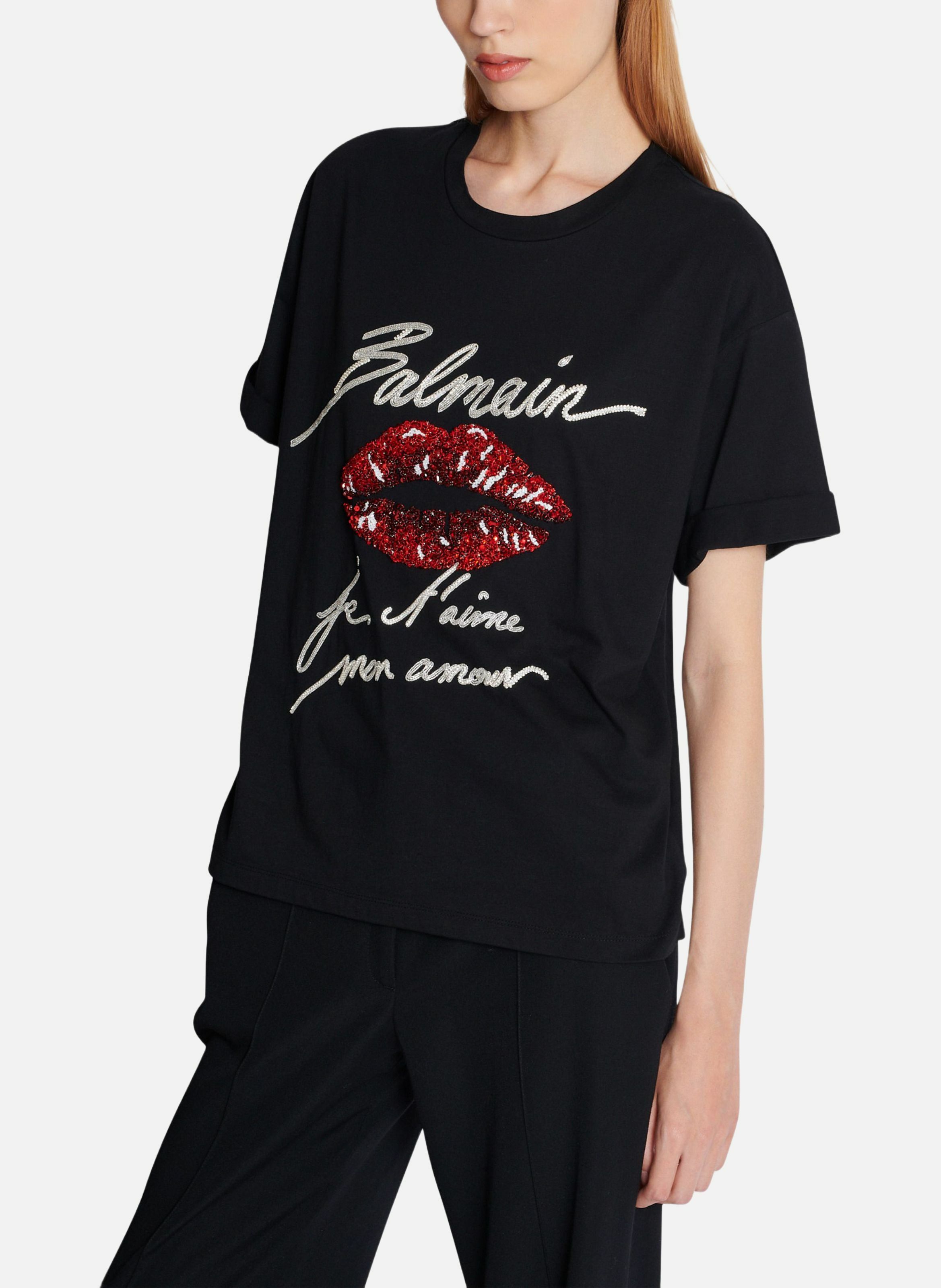 T-shirt à manches courtes brodé kiss BALMAIN Noir