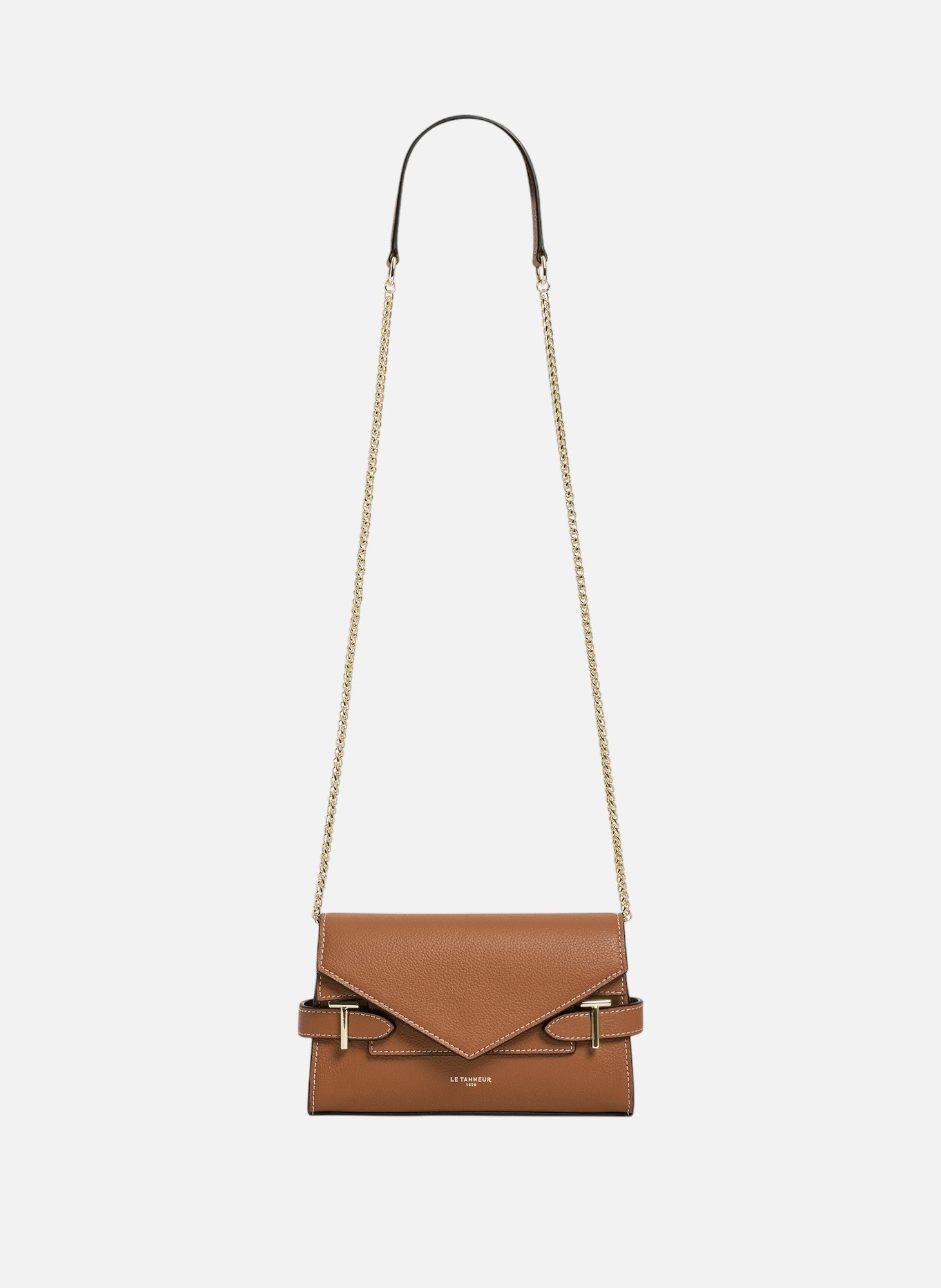 Sac pochette avec bandoulière double rabat emilie en cuir grainé Marron