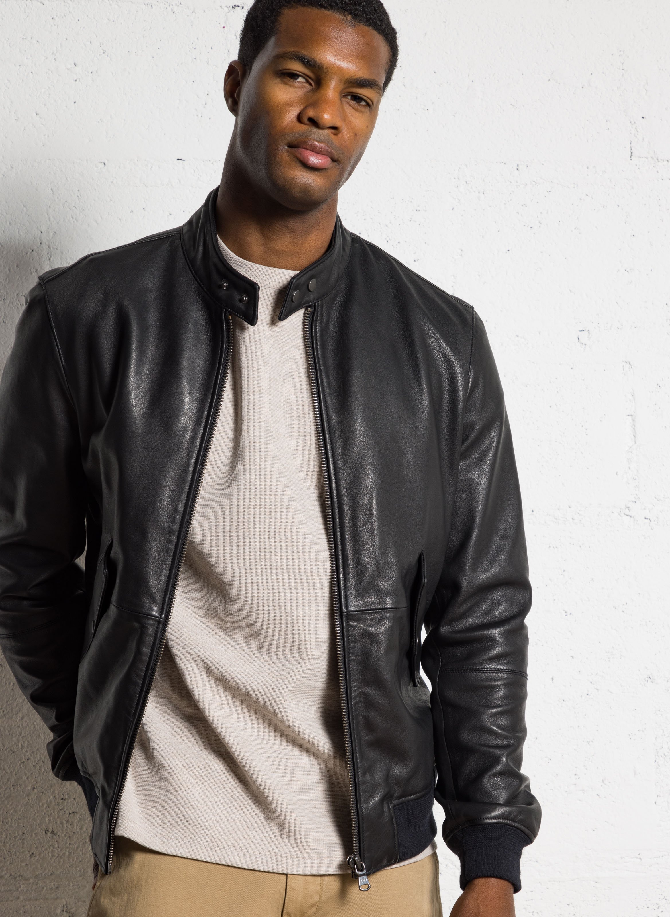 Blouson droit col officier en cuir IKKS Noir