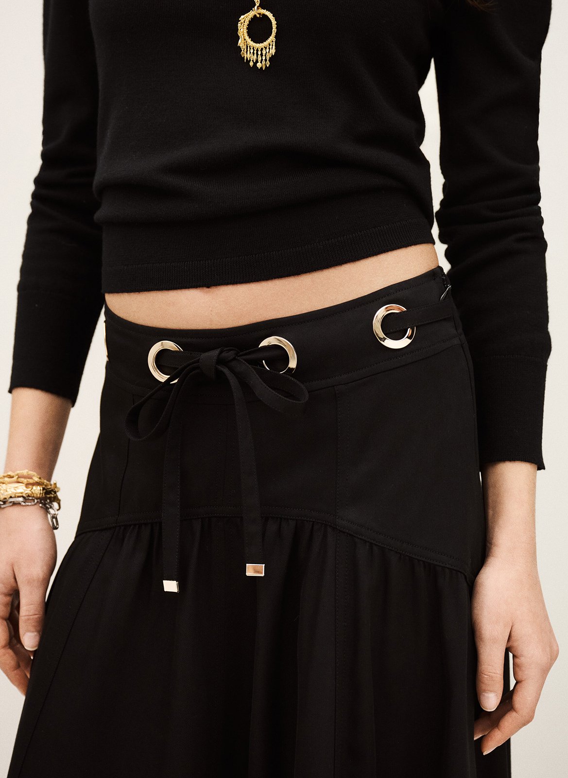 Jupe longue évasée unie à œillets ponia BA&SH Noir